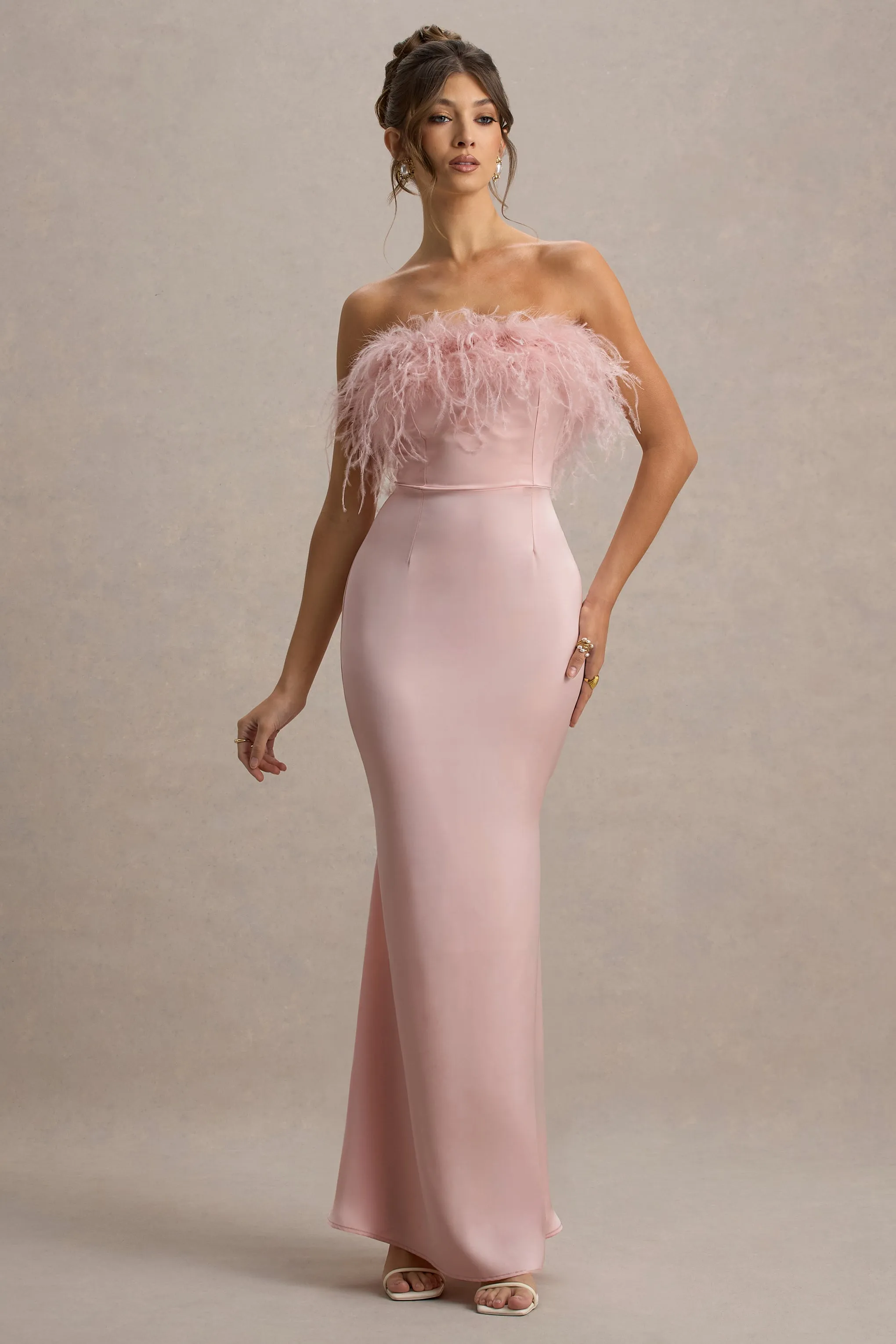 Dress For It | Pale Pink Satin Feather Trim Bandeau Maxi Dress sold by Club L London product image thumbnail 5
