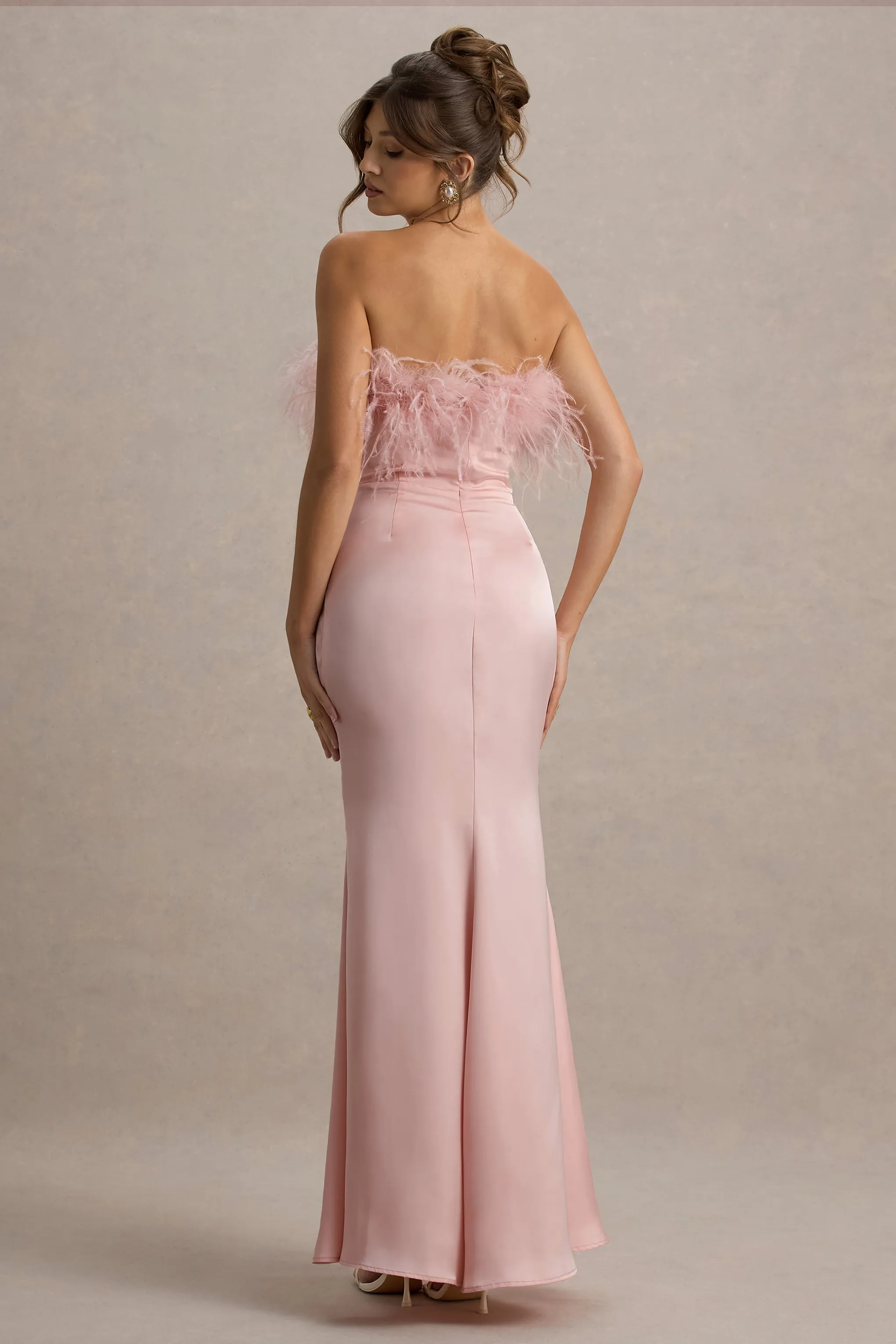 Dress For It | Pale Pink Satin Feather Trim Bandeau Maxi Dress sold by Club L London product image thumbnail 2