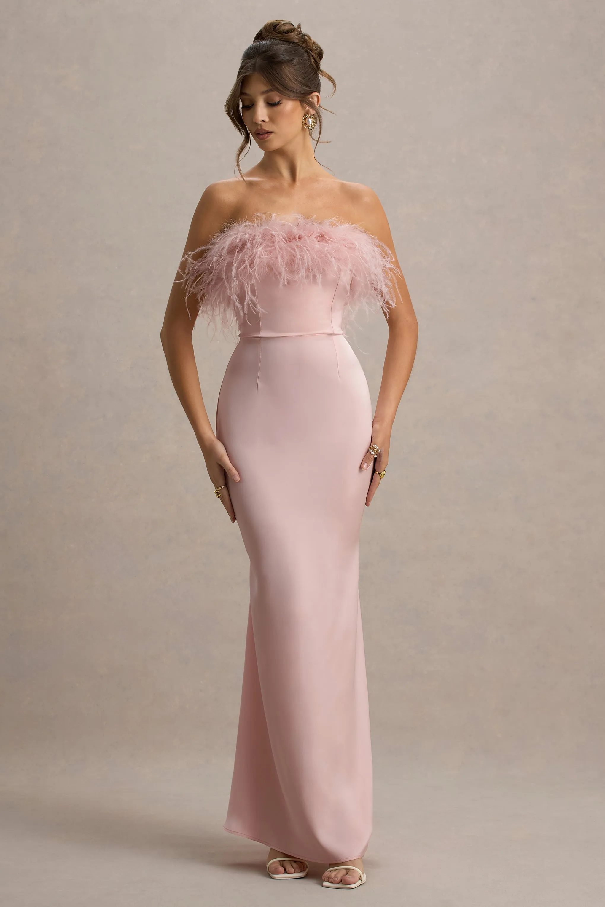 Dress For It | Pale Pink Satin Feather Trim Bandeau Maxi Dress sold by Club L London