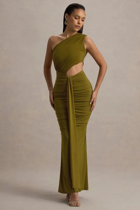 Beline | Green One-Shoulder Cut-Out Maxi Dress With Drape sold by Club L London