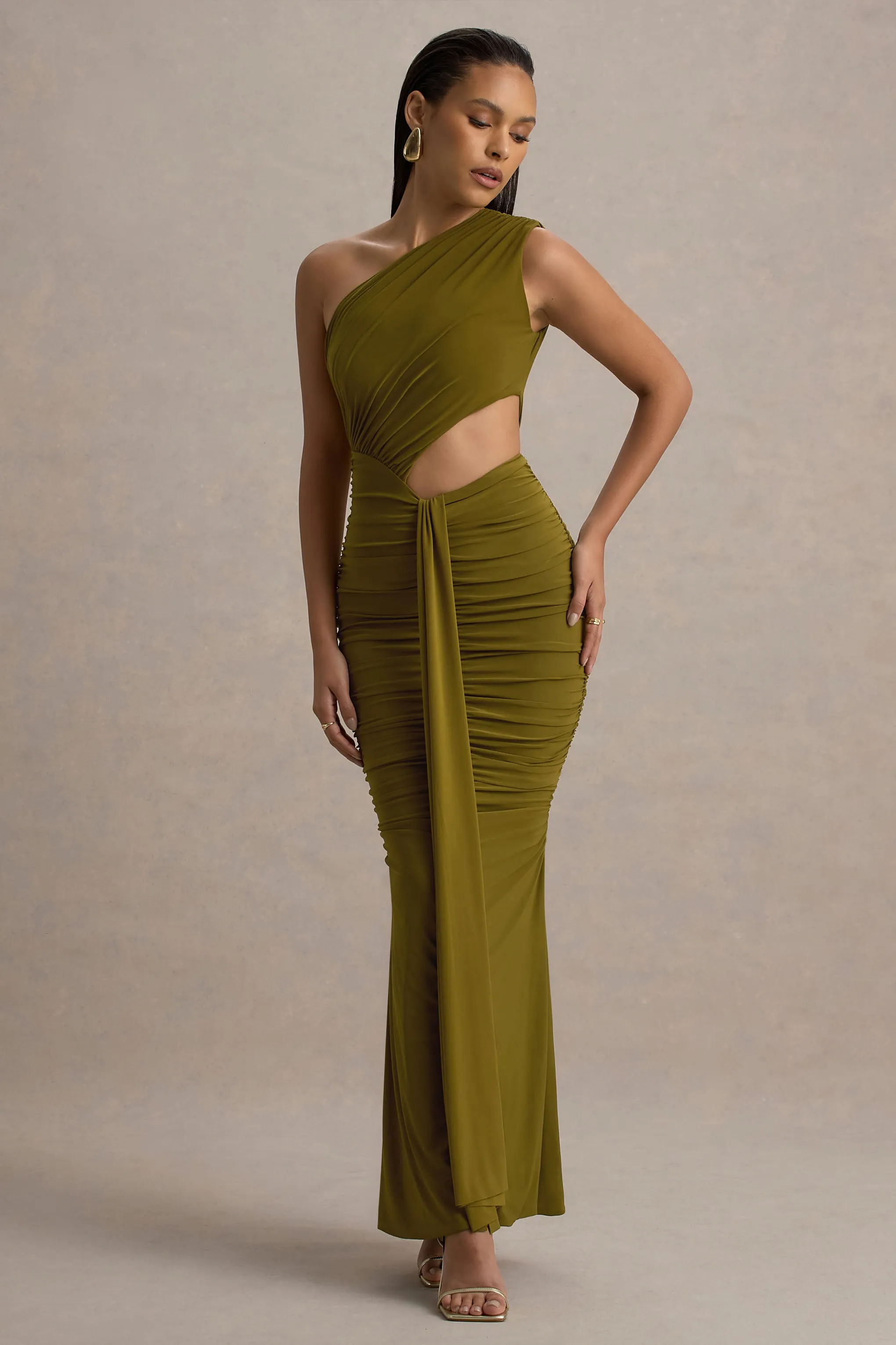 Beline | Green One-Shoulder Cut-Out Maxi Dress With Drape sold by Club L London product image thumbnail 5