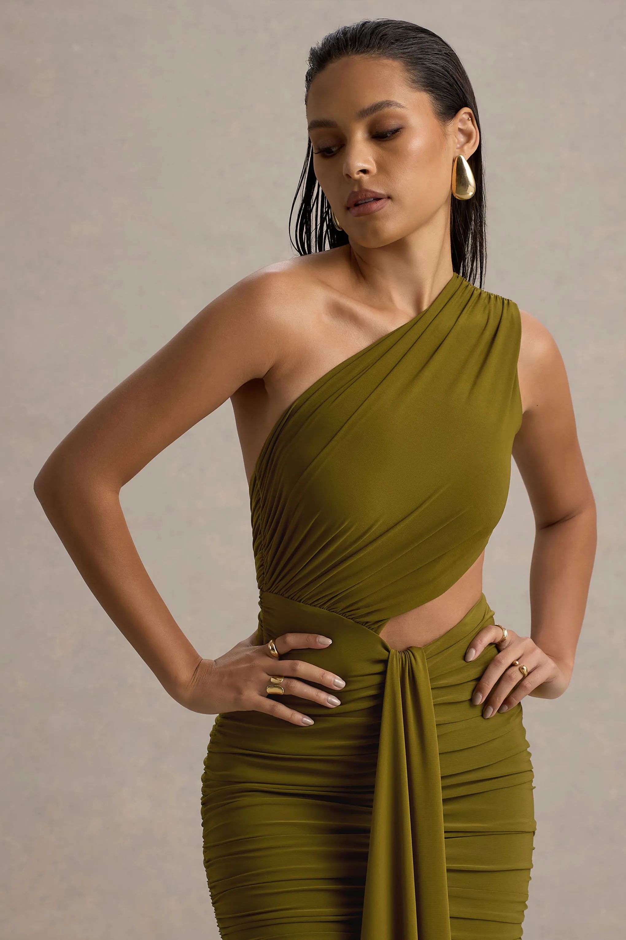 Beline | Green One-Shoulder Cut-Out Maxi Dress With Drape sold by Club L London product image thumbnail 3