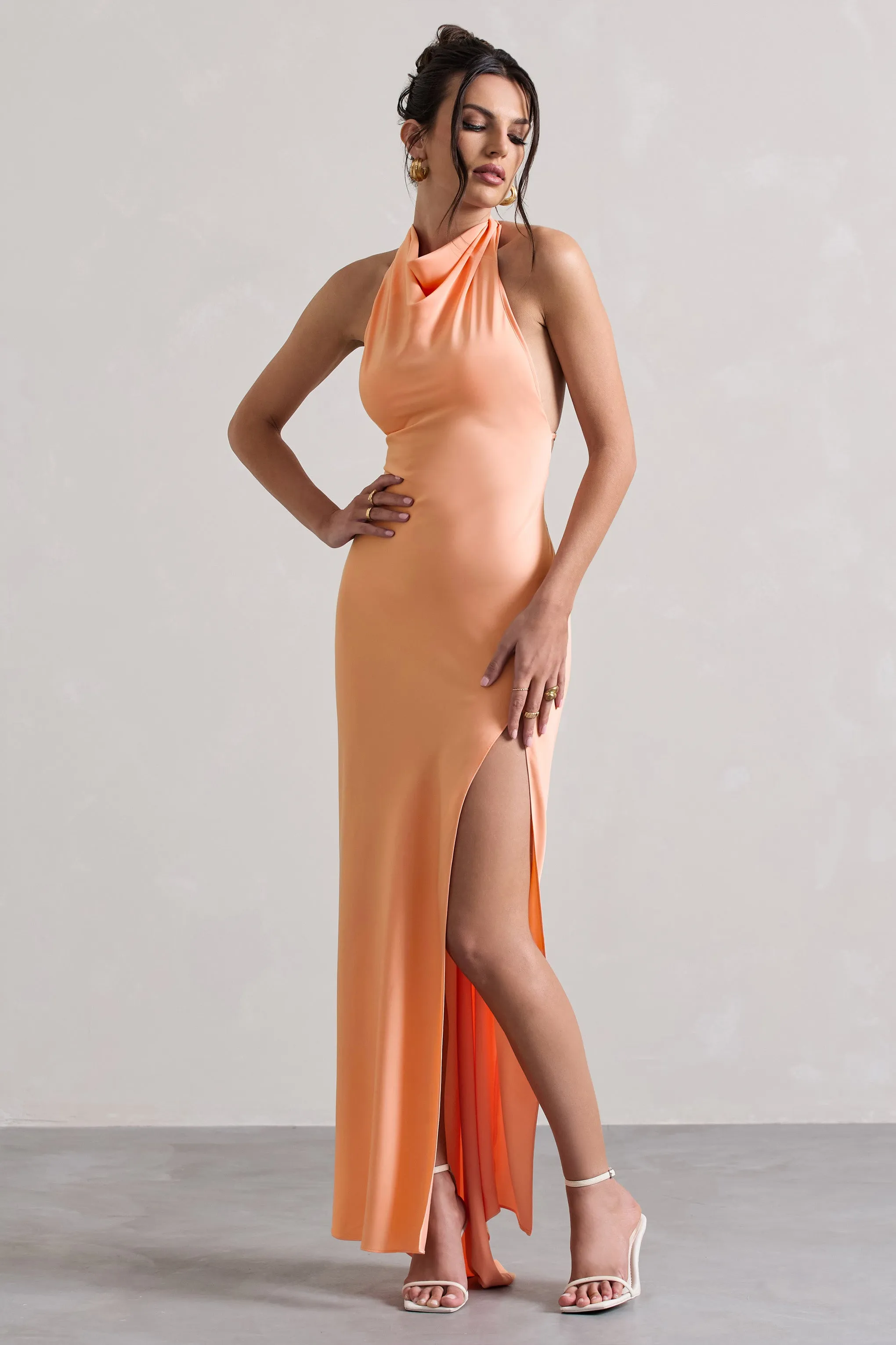 Priero | Peach Cowl Halter-Neck Open Back Maxi Dress sold by Club L London