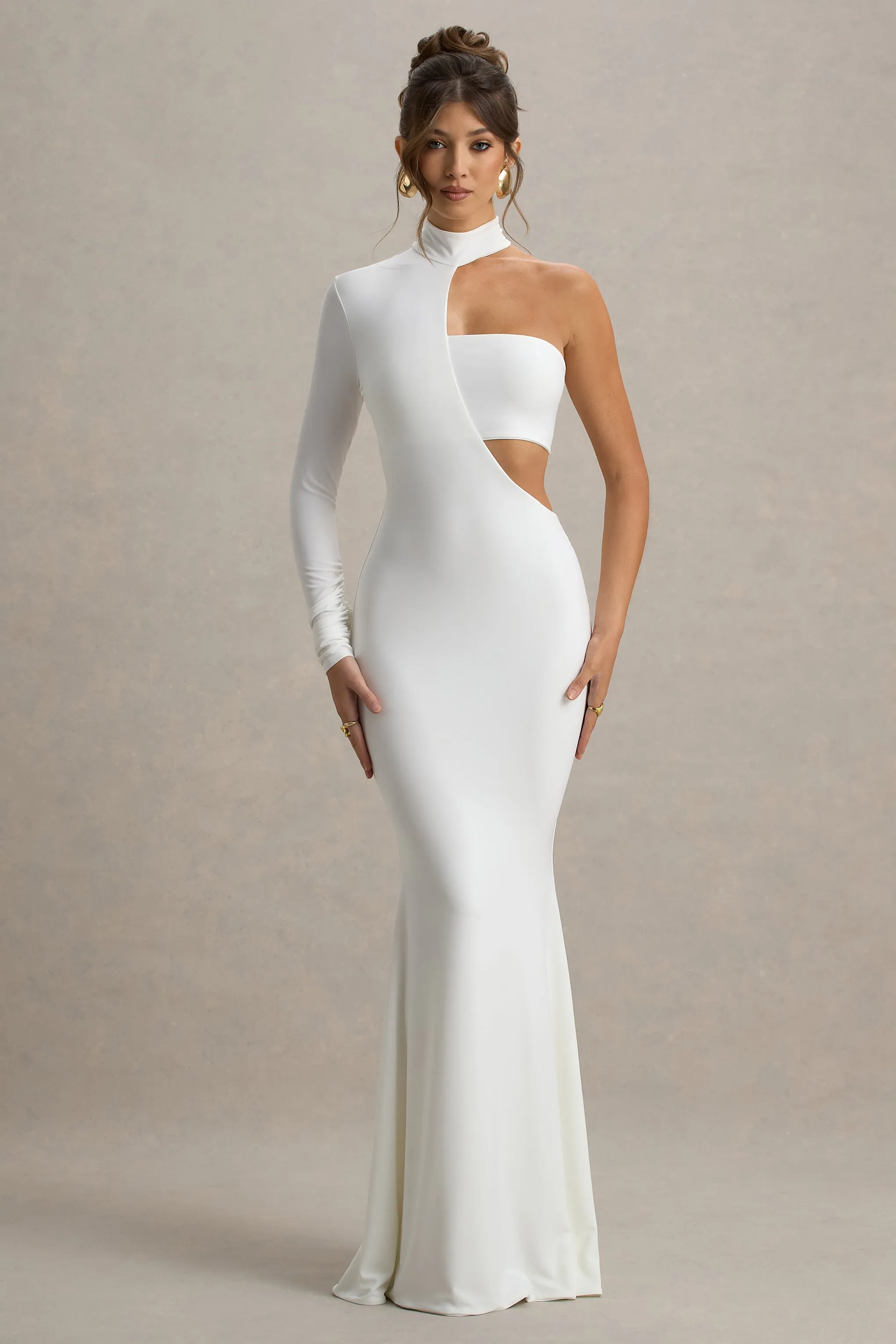 Socialite | White One-Sleeve Cut-Out Maxi Dress sold by Club L London product image thumbnail 5