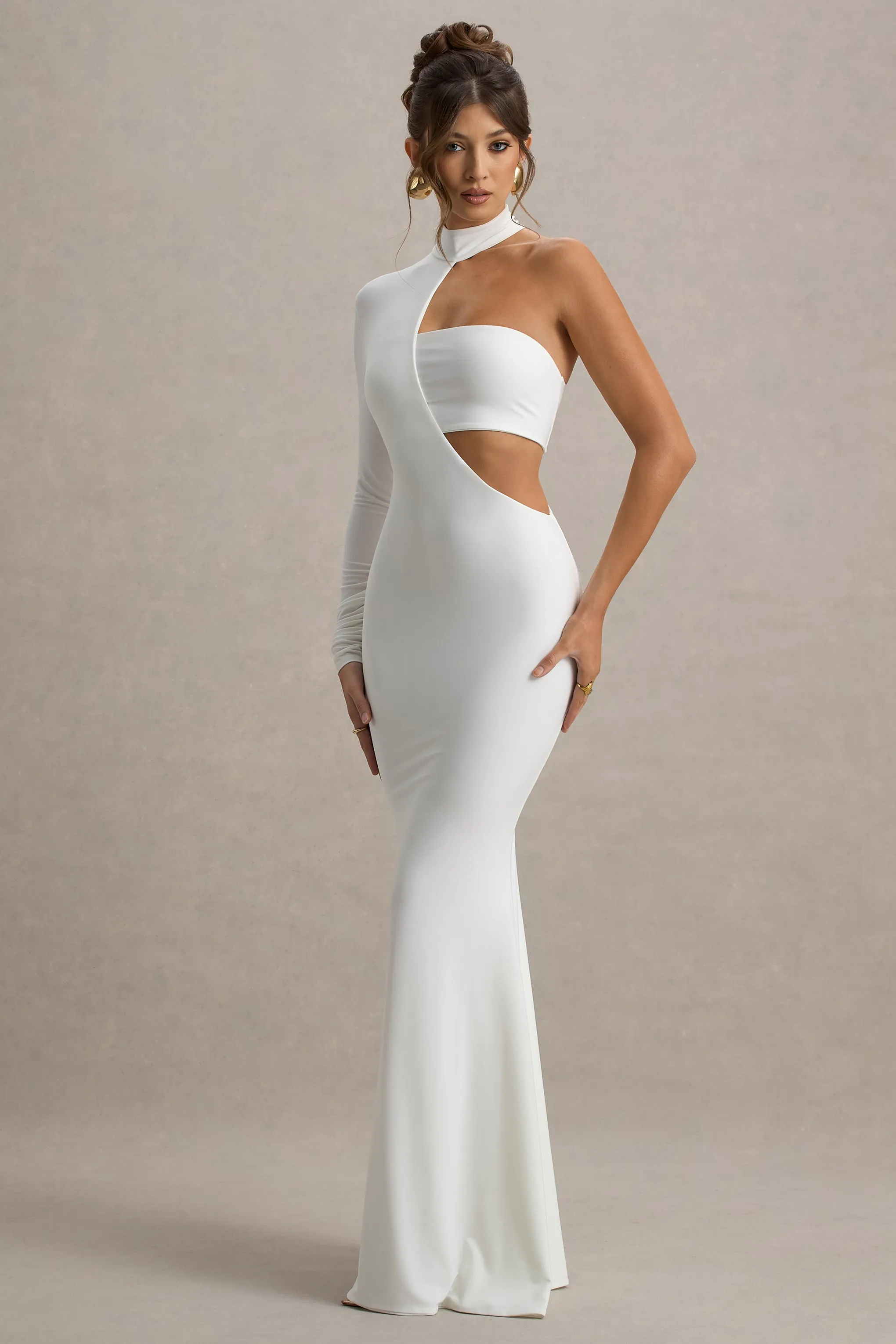 Socialite | White One-Sleeve Cut-Out Maxi Dress sold by Club L London product image thumbnail 4