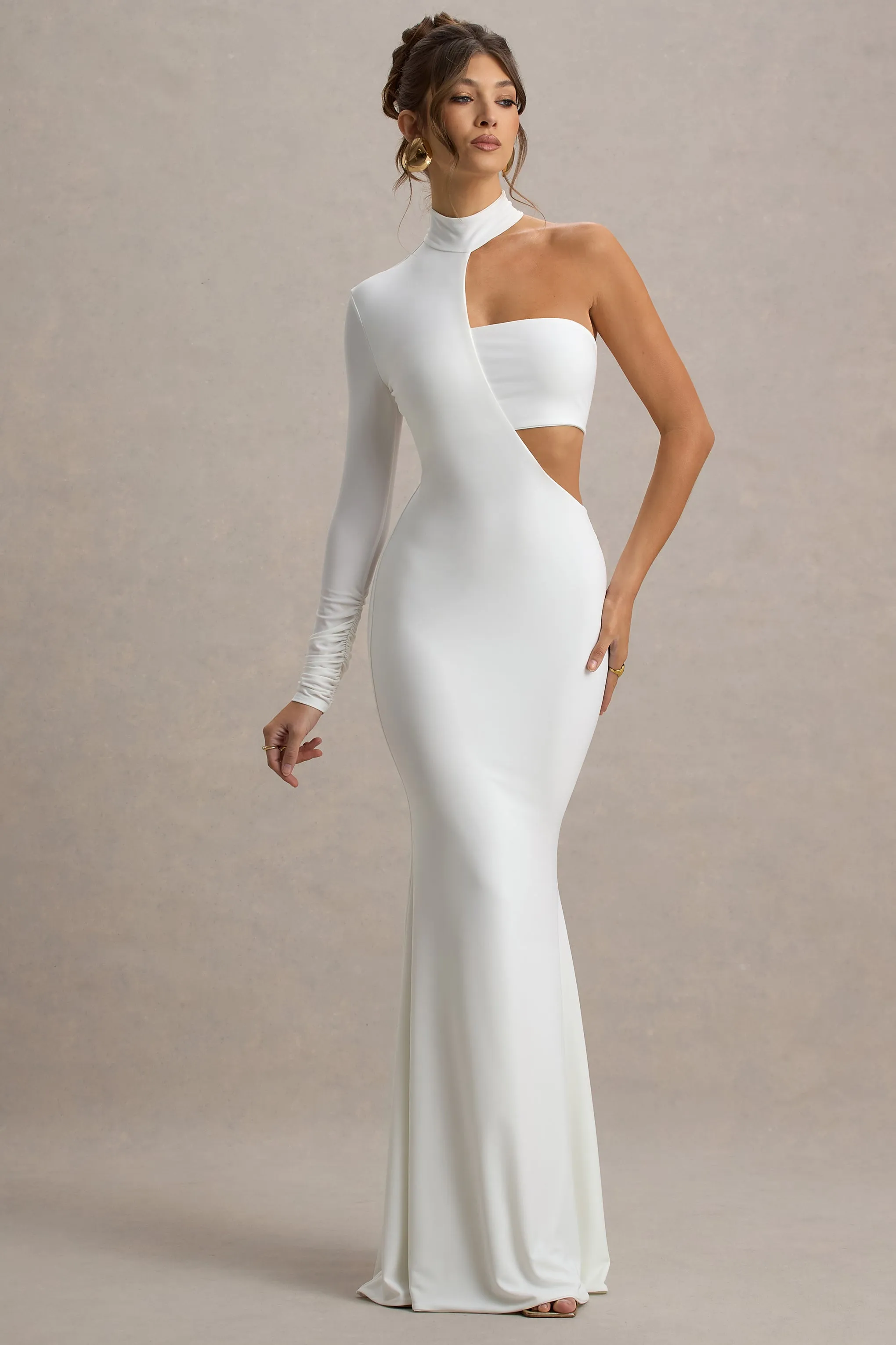 Socialite | White One-Sleeve Cut-Out Maxi Dress sold by Club L London