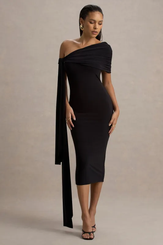 Vallea | Black One-Shoulder Draped Midi Dress sold by Club L London