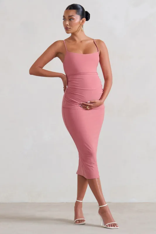 Raquel | Pink Maternity Cami Midi Dress With Split sold by Club L London