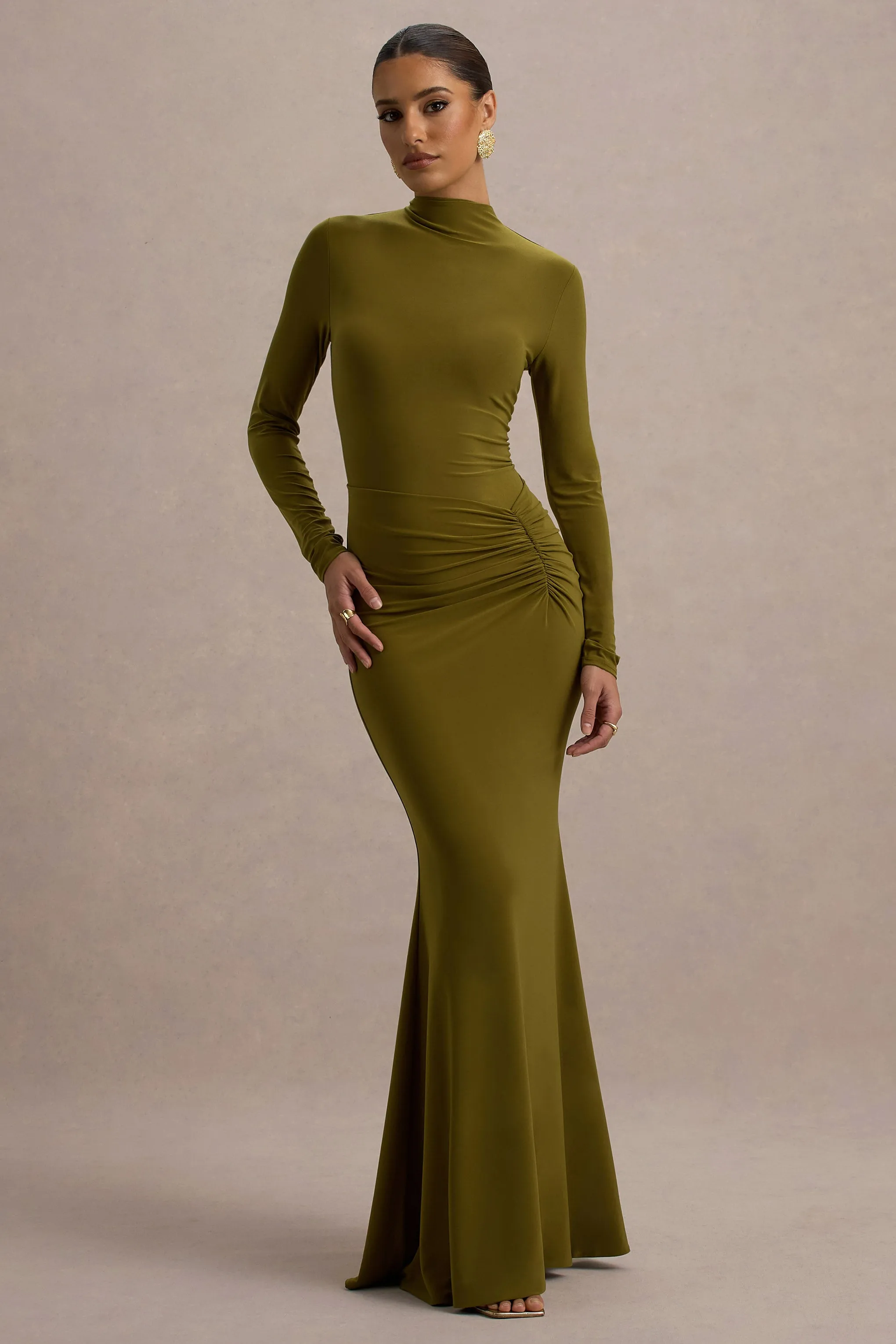 Reid | Green Long-Sleeve Gathered Maxi Dress sold by Club L London