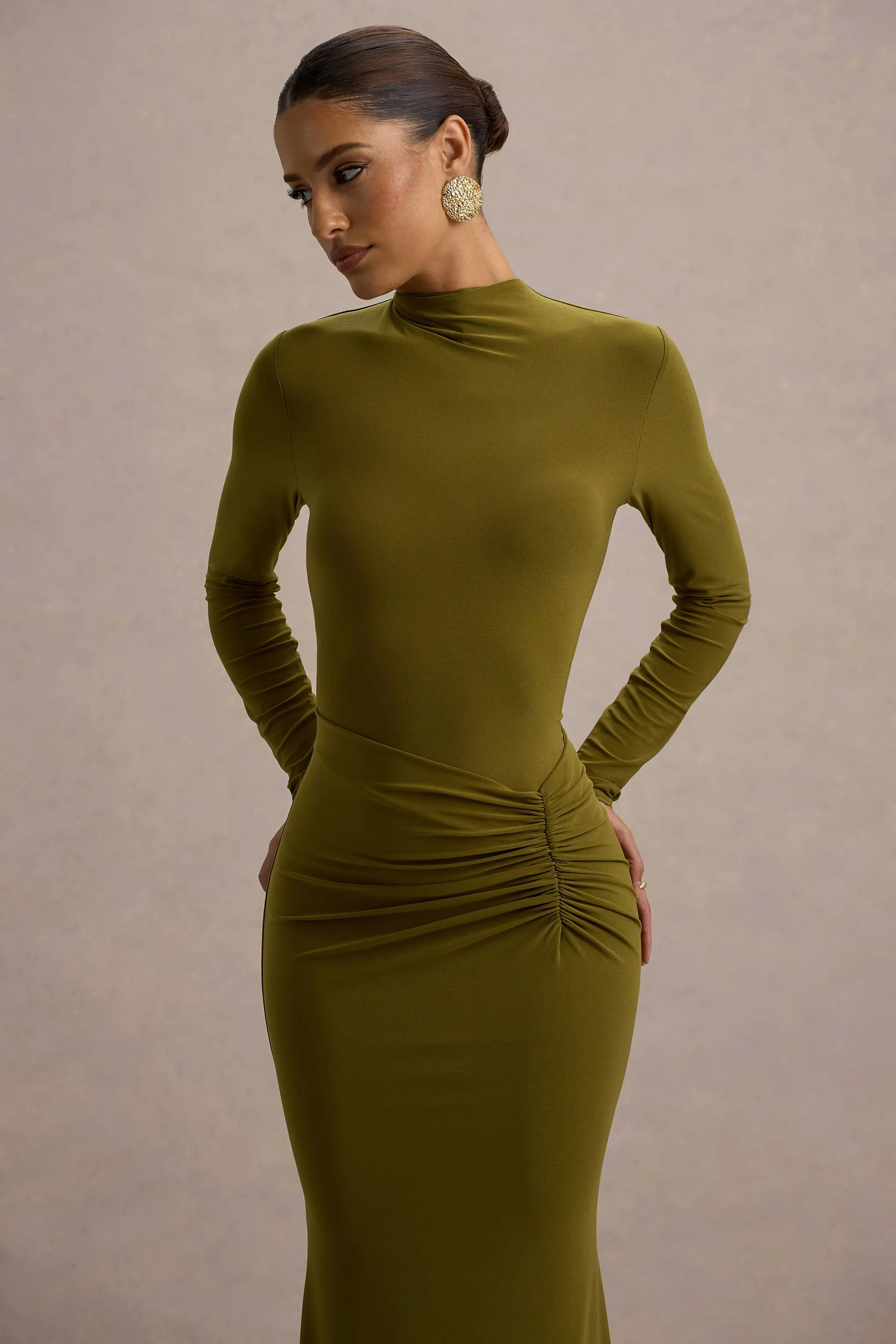 Reid | Green Long-Sleeve Gathered Maxi Dress sold by Club L London product image thumbnail 3