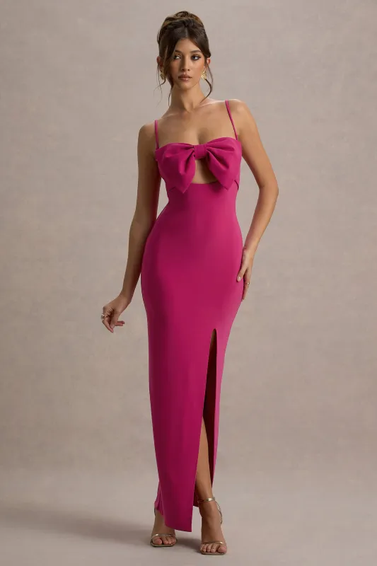 Emmalou | Hot Pink Strappy Split Maxi Dress With Bow sold by Club L London