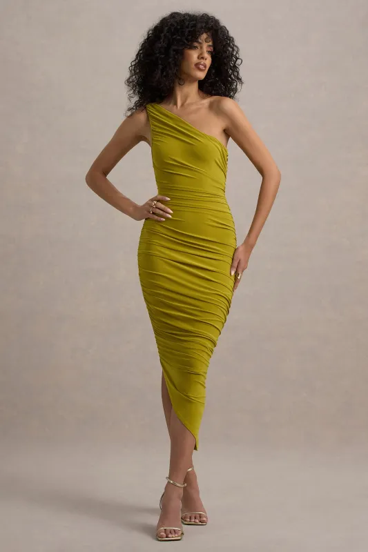 Dorit | Green One Shoulder Asymmetric Ruched Midi Dress sold by Club L London