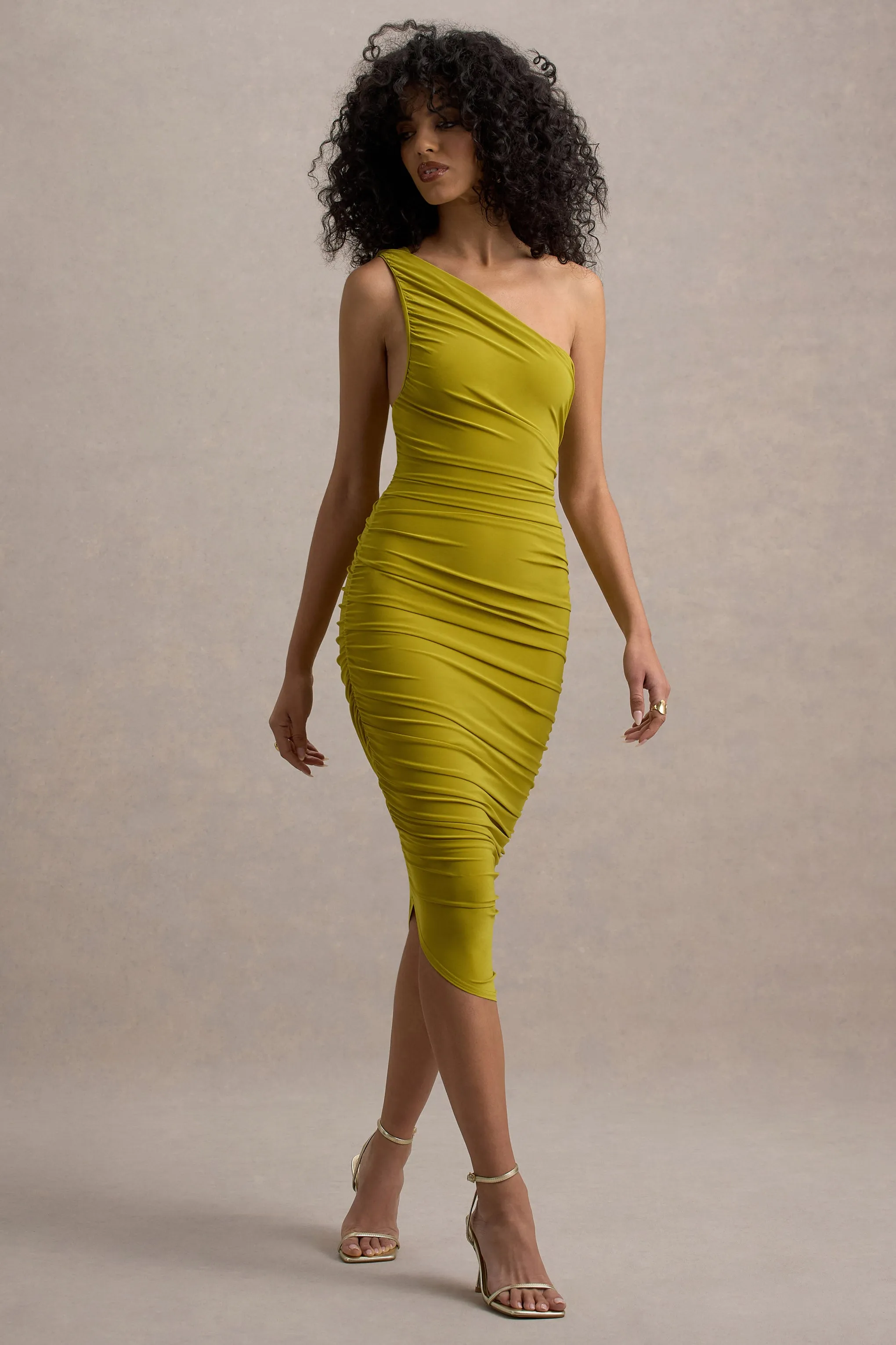 Dorit | Green One Shoulder Asymmetric Ruched Midi Dress sold by Club L London product image thumbnail 3
