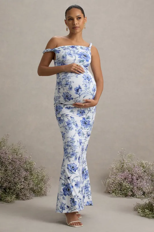 Lita | Blue Floral Print Twisted Asymmetric Maternity Maxi Dress sold by Club L London