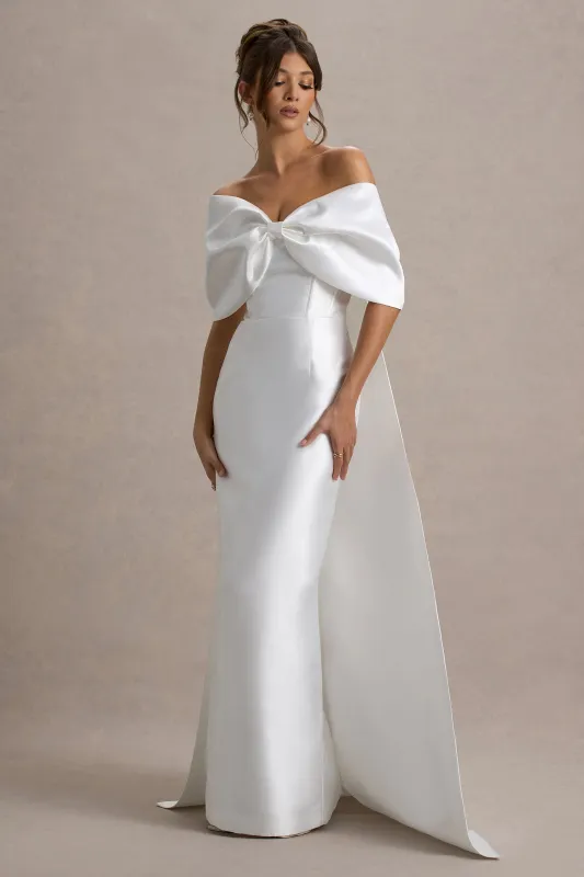 Wanting More | Off White Satin Cape Maxi Dress With Oversized Bow sold by Club L London
