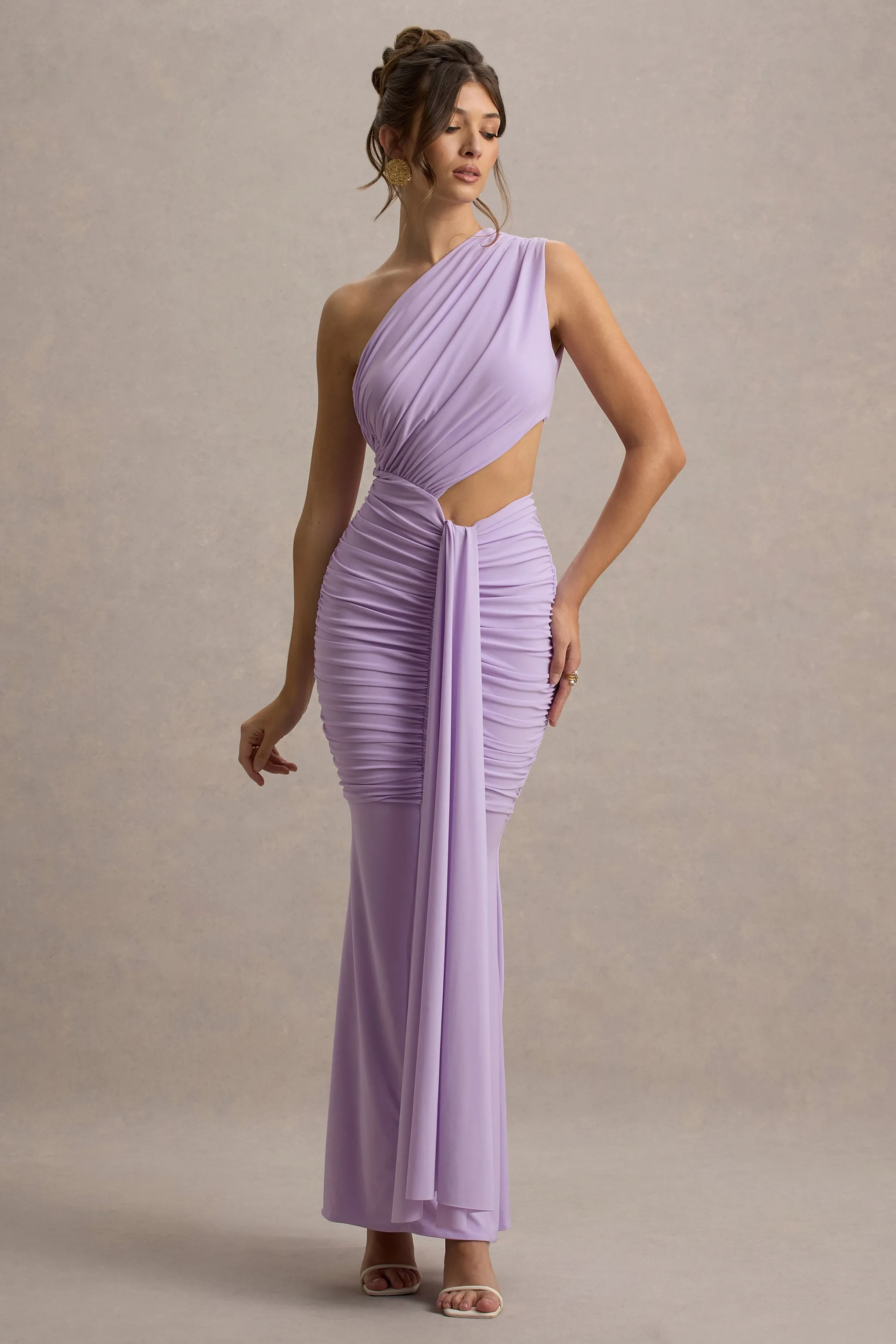 Beline | Lavender One-Shoulder Cut-Out Maxi Dress With Drape sold by Club L London