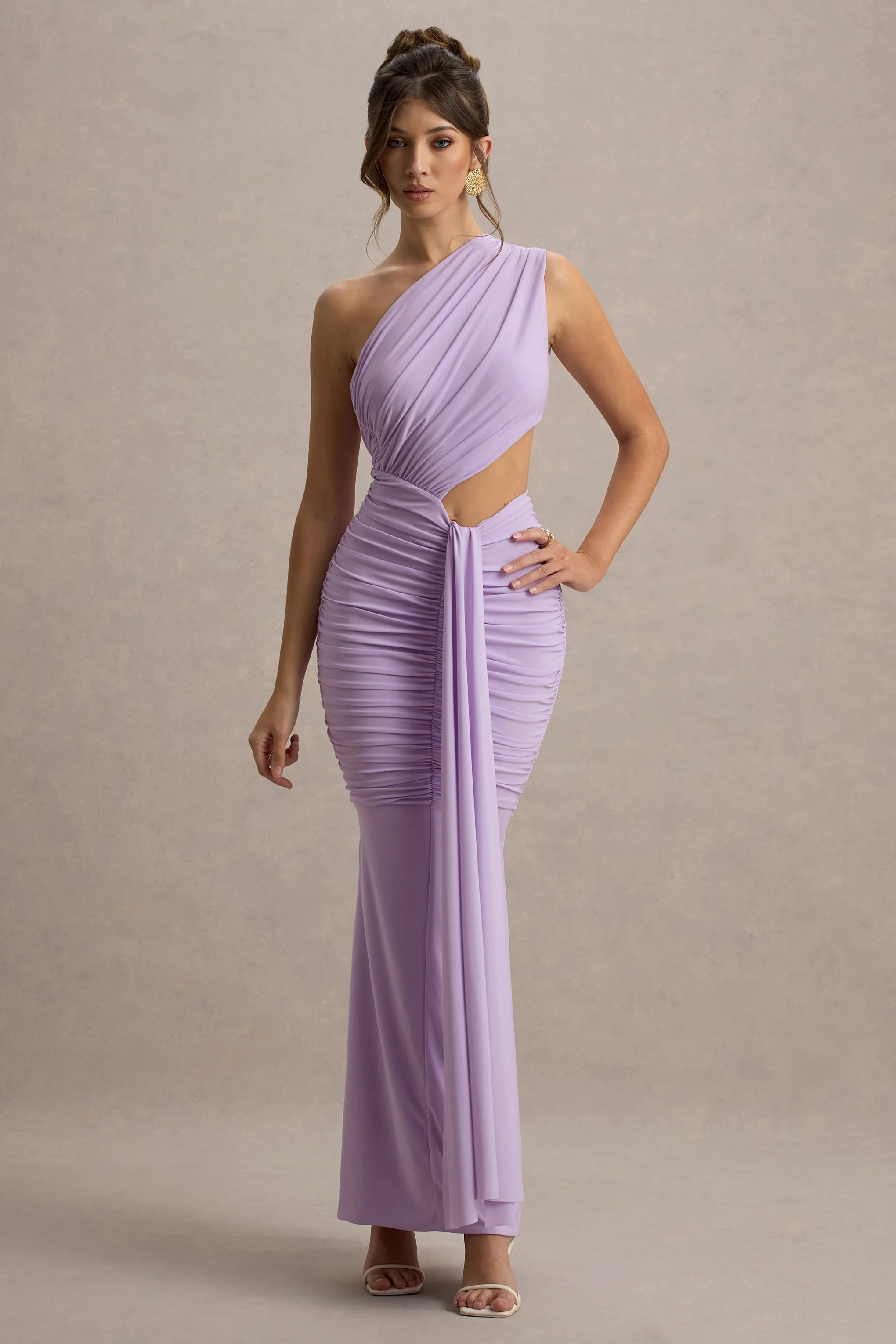 Beline | Lavender One-Shoulder Cut-Out Maxi Dress With Drape sold by Club L London product image thumbnail 5