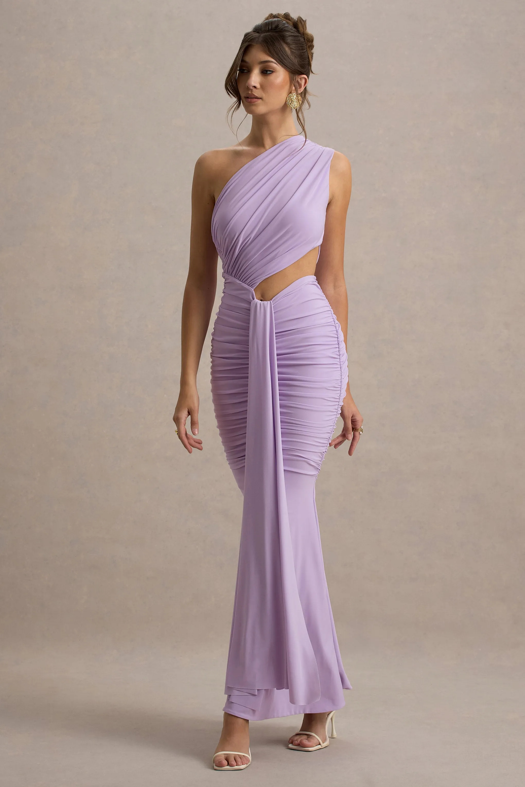 Beline | Lavender One-Shoulder Cut-Out Maxi Dress With Drape sold by Club L London product image thumbnail 4