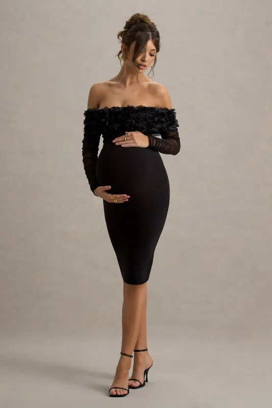 Adita | Black Mesh Floral Bardot Maternity Midi Dress sold by Club L London
