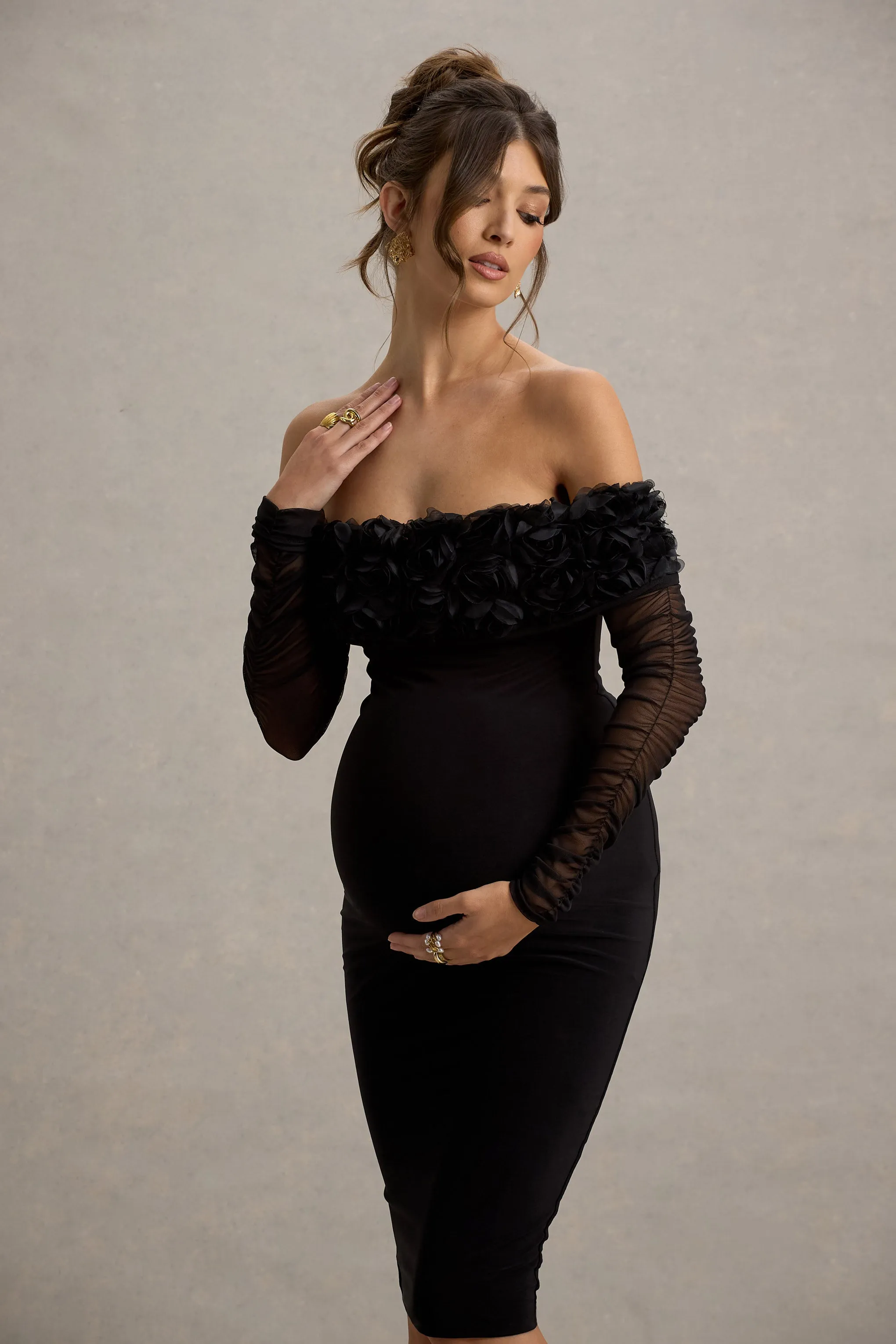 Adita | Black Mesh Floral Bardot Maternity Midi Dress sold by Club L London product image thumbnail 3