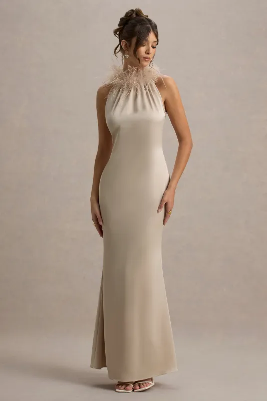 Bianca | Champagne Satin Feather-Trim Maxi Dress sold by Club L London