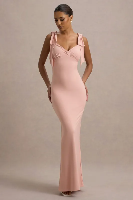 Evanna | Pink V-Neck Maxi Dress With Bow Straps sold by Club L London