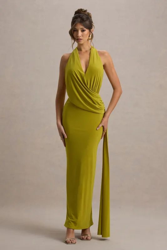 Rosina | Green Halter-Neck Draped Maxi Dress With Sash sold by Club L London
