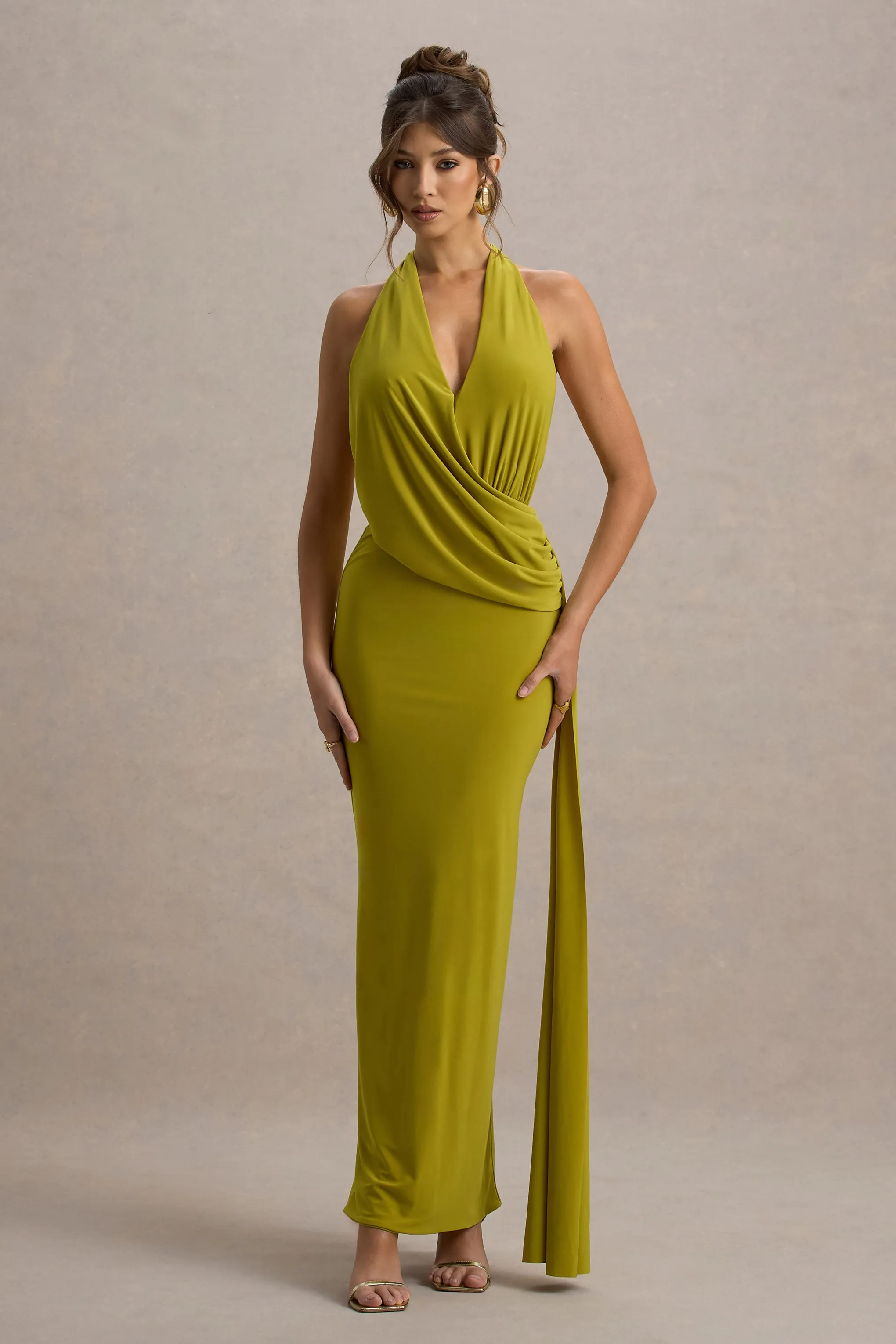 Rosina | Green Halter-Neck Draped Maxi Dress With Sash sold by Club L London