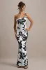 Lita | Monochrome Floral Print Twisted Asymmetric Maxi Dress sold by Club L London