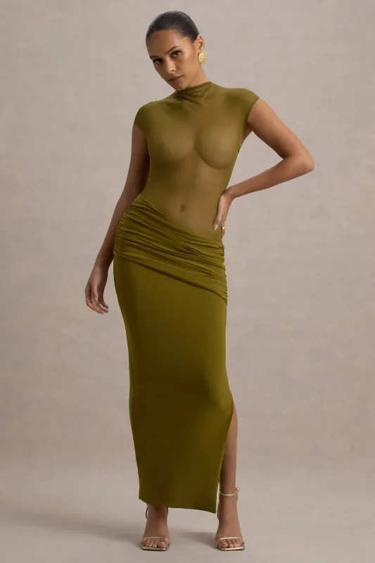Asia | Green Sheer Short-Sleeve Draped Maxi Dress sold by Club L London