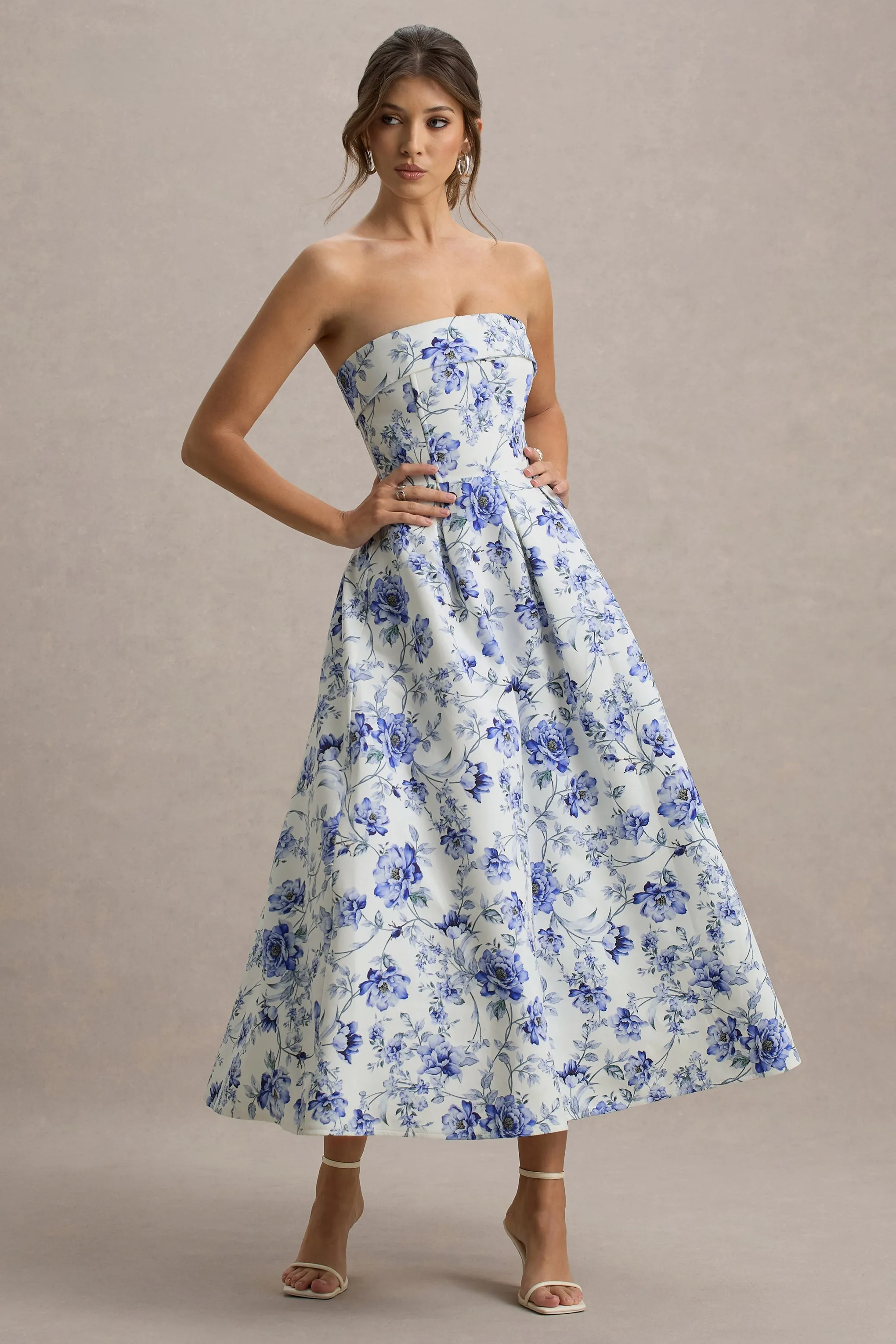 Annalise | Blue Floral Print Bandeau Skater Midi Dress sold by Club L London