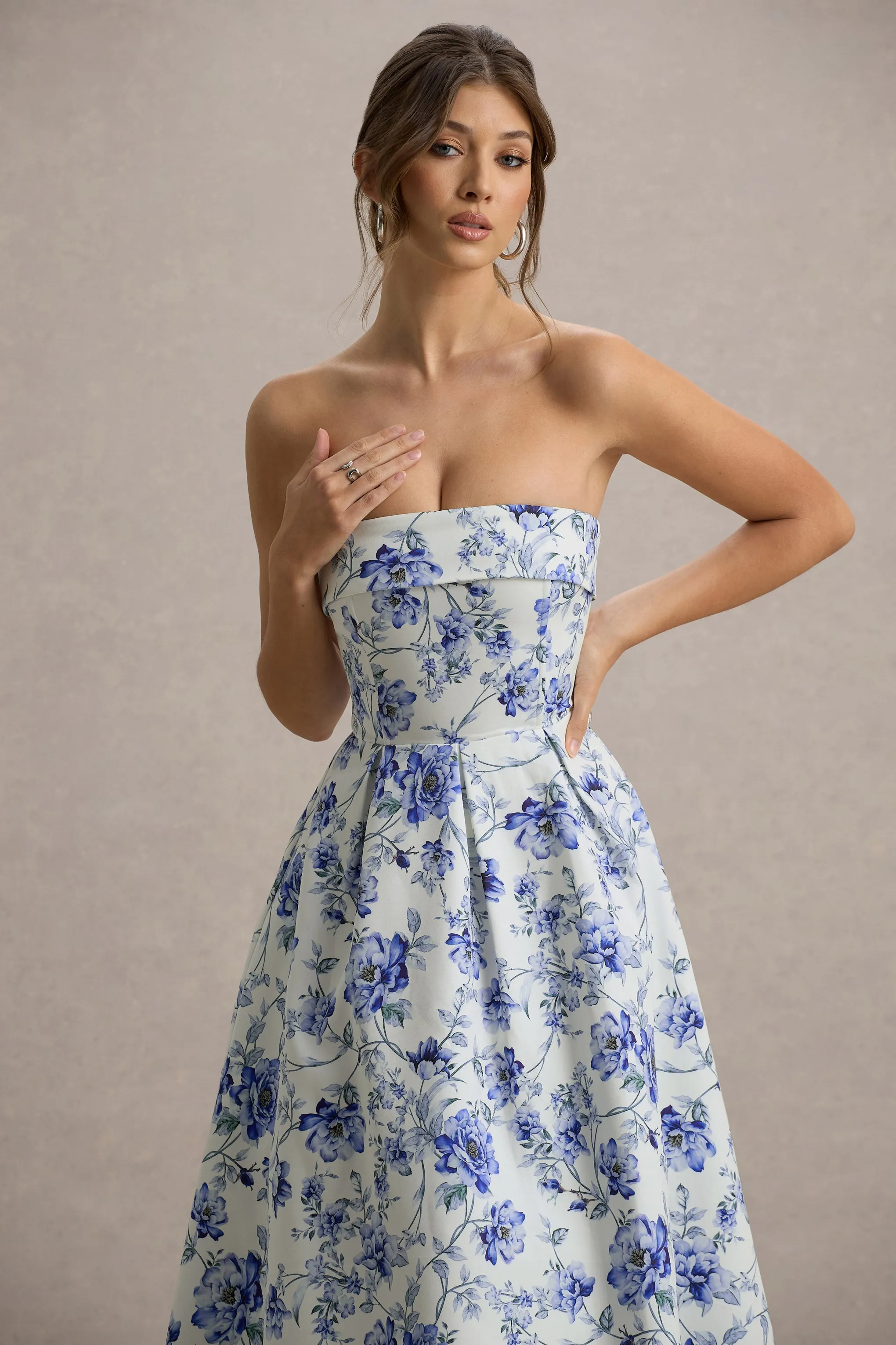 Annalise | Blue Floral Print Bandeau Skater Midi Dress sold by Club L London product image thumbnail 3