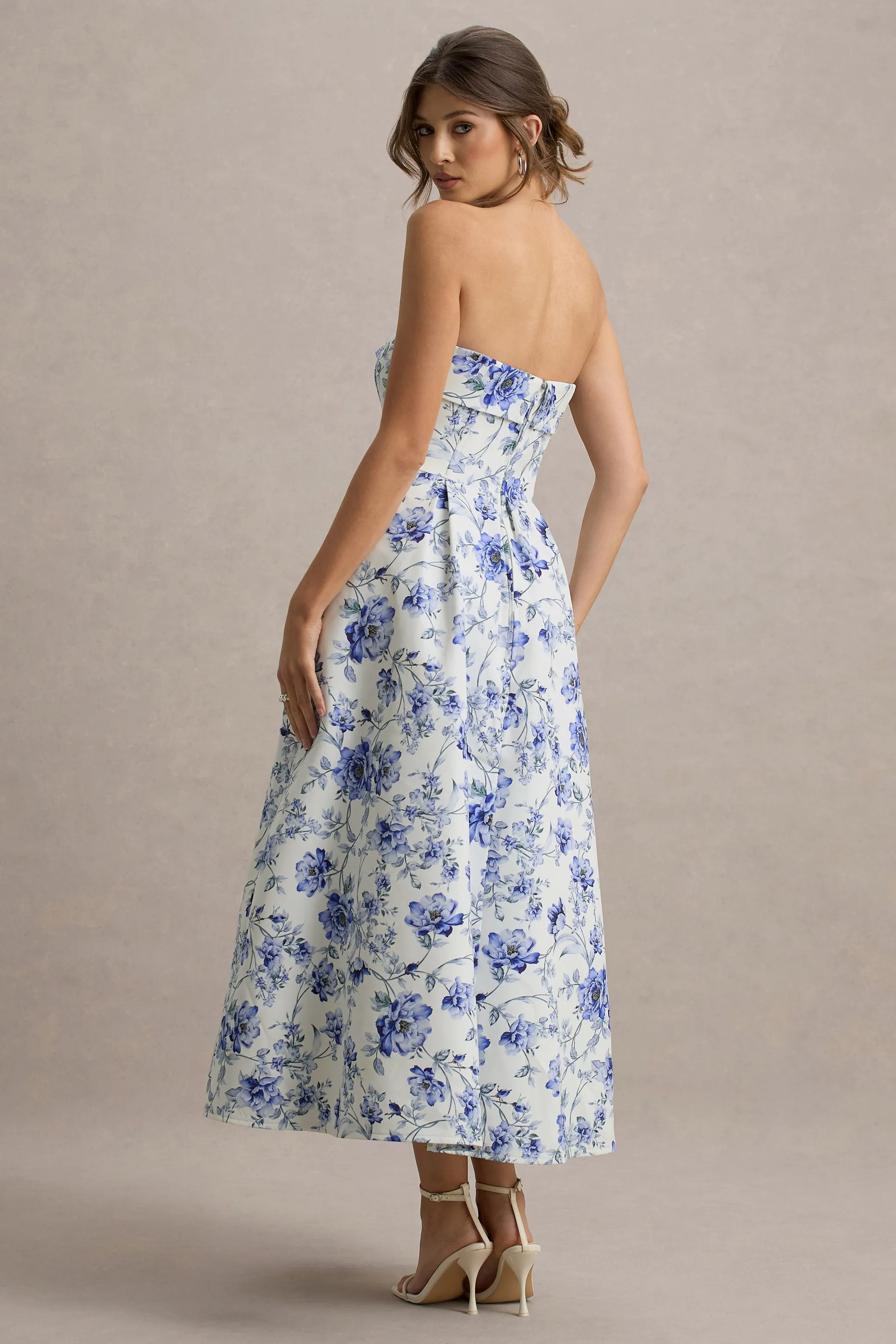 Annalise | Blue Floral Print Bandeau Skater Midi Dress sold by Club L London product image thumbnail 2