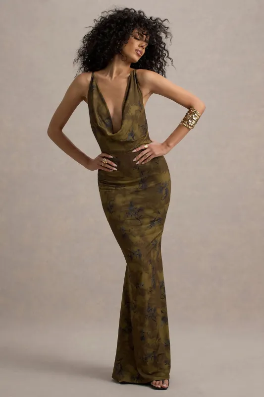 Allana | Yellow Floral Print Cowl-Neck Open-Back Maxi Dress sold by Club L London