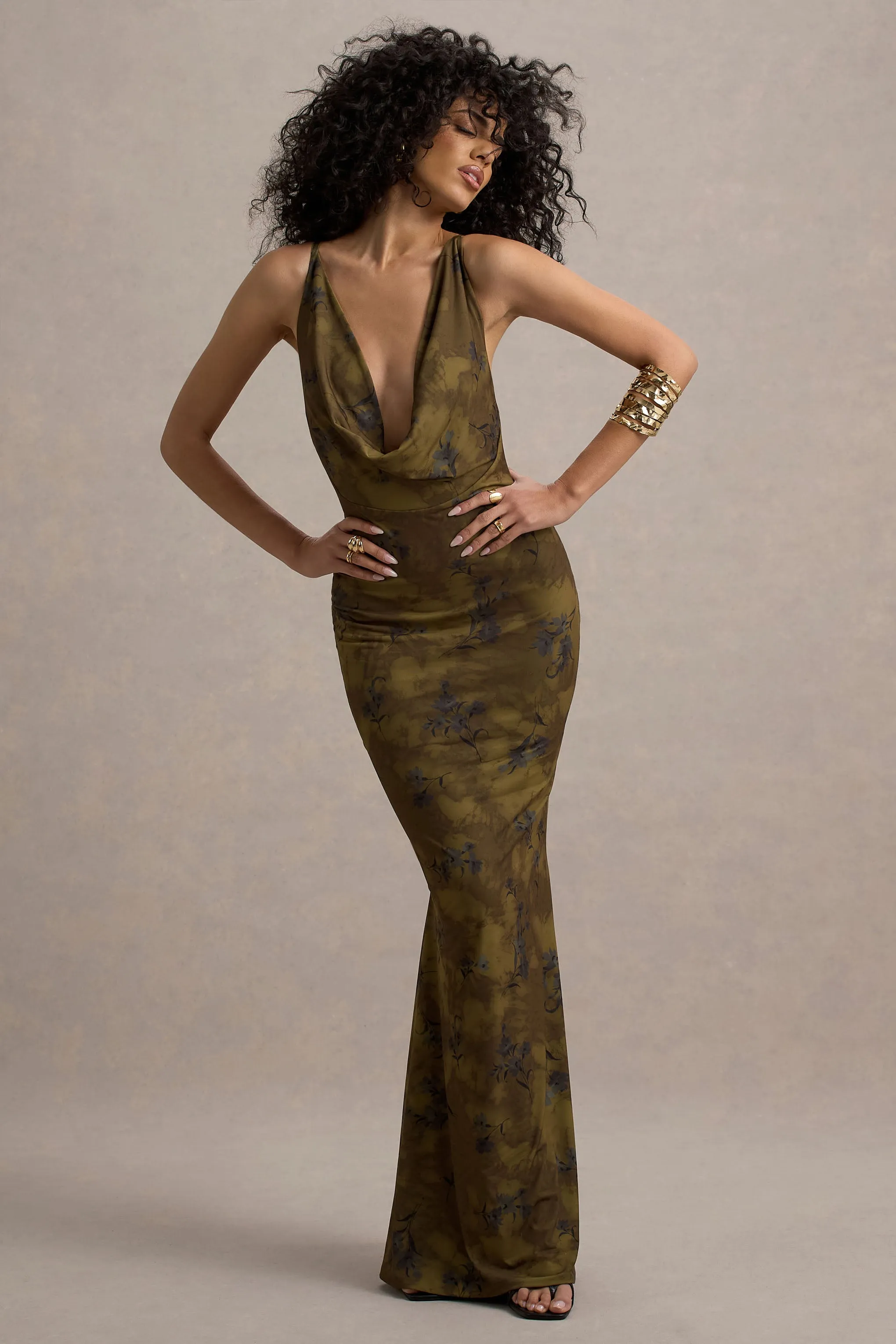 Allana | Yellow Floral Print Cowl-Neck Open-Back Maxi Dress sold by Club L London