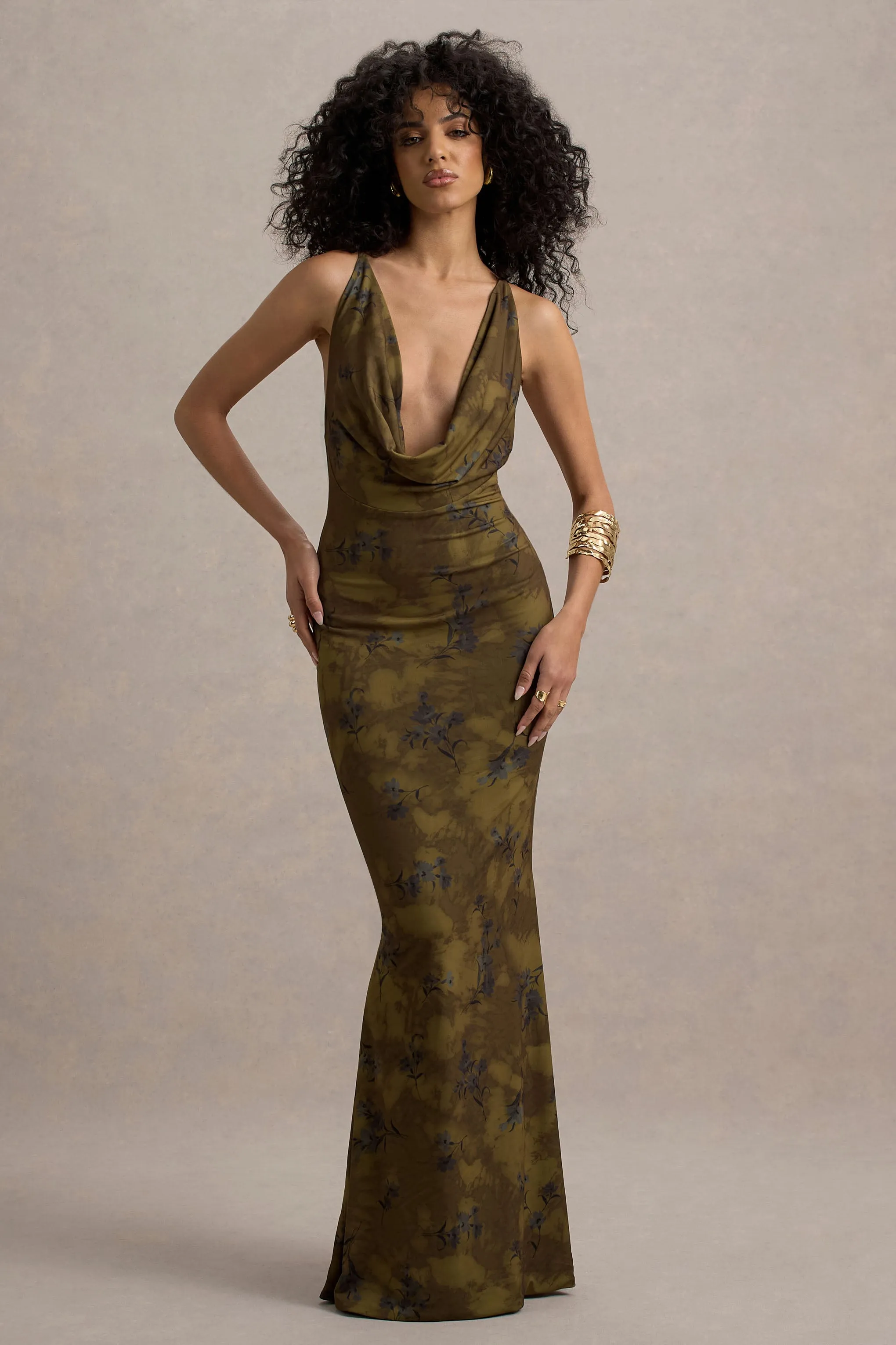 Allana | Yellow Floral Print Cowl-Neck Open-Back Maxi Dress sold by Club L London product image thumbnail 4