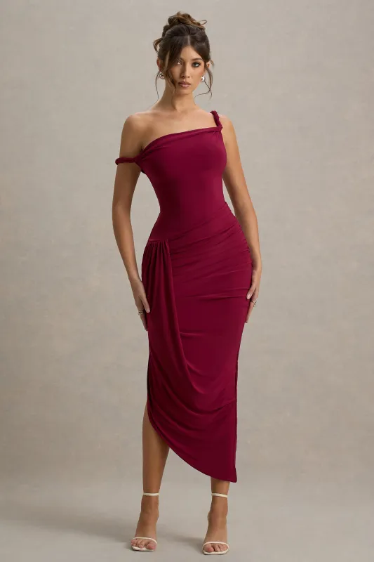 Angelique | Burgundy Twisted Asymmetric Maxi Dress sold by Club L London