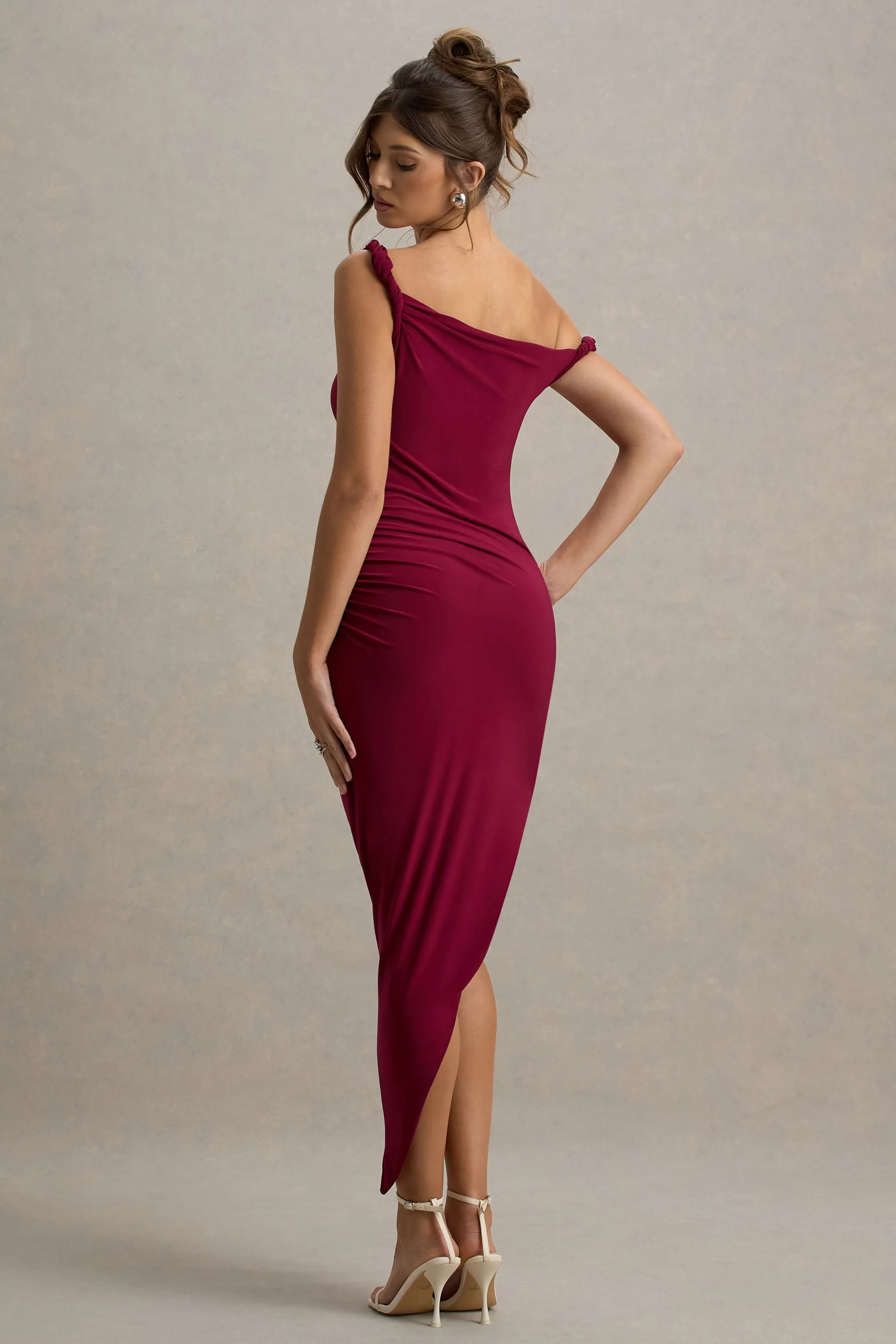 Angelique | Burgundy Twisted Asymmetric Maxi Dress sold by Club L London product image thumbnail 2