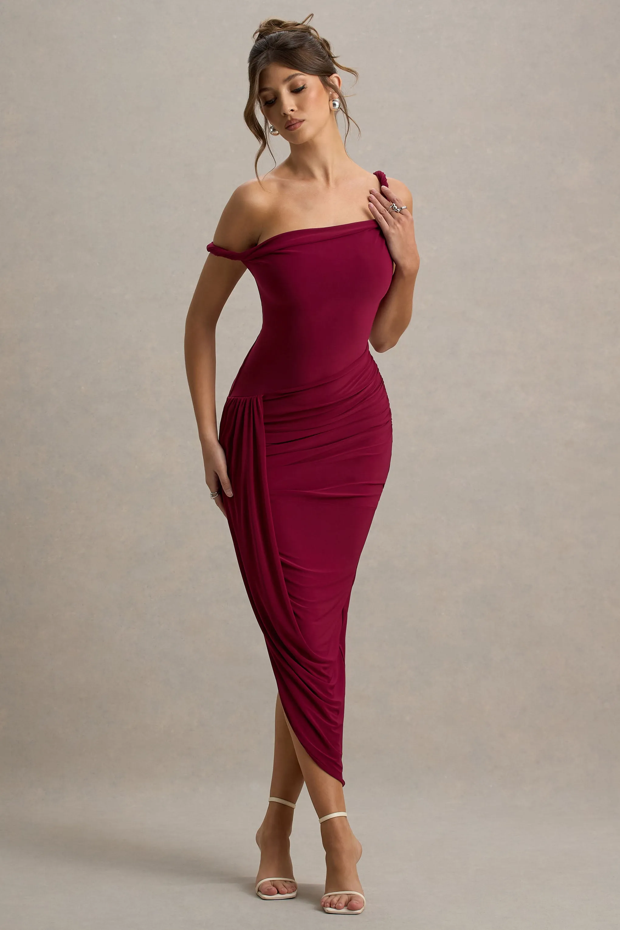 Angelique | Burgundy Twisted Asymmetric Maxi Dress sold by Club L London product image thumbnail 5