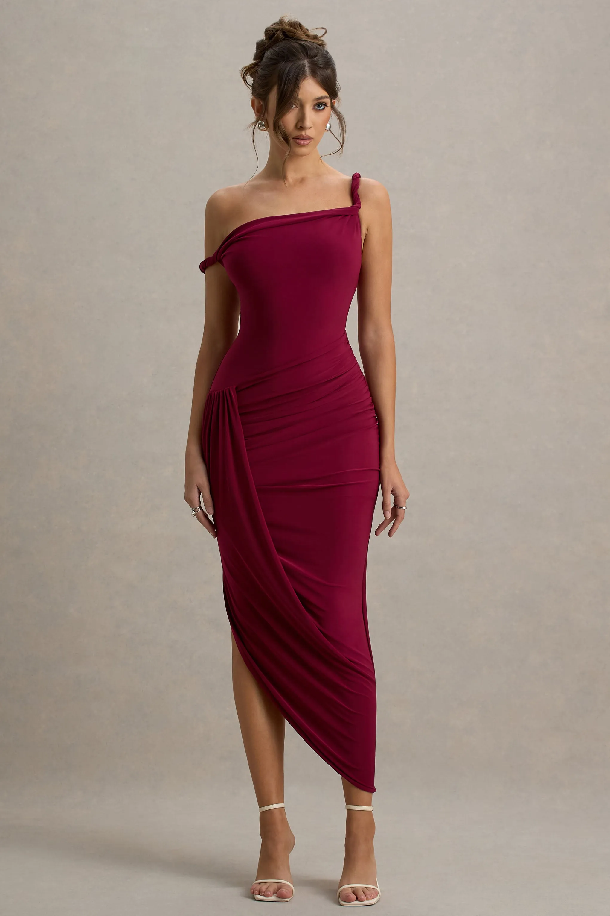 Angelique | Burgundy Twisted Asymmetric Maxi Dress sold by Club L London product image thumbnail 4