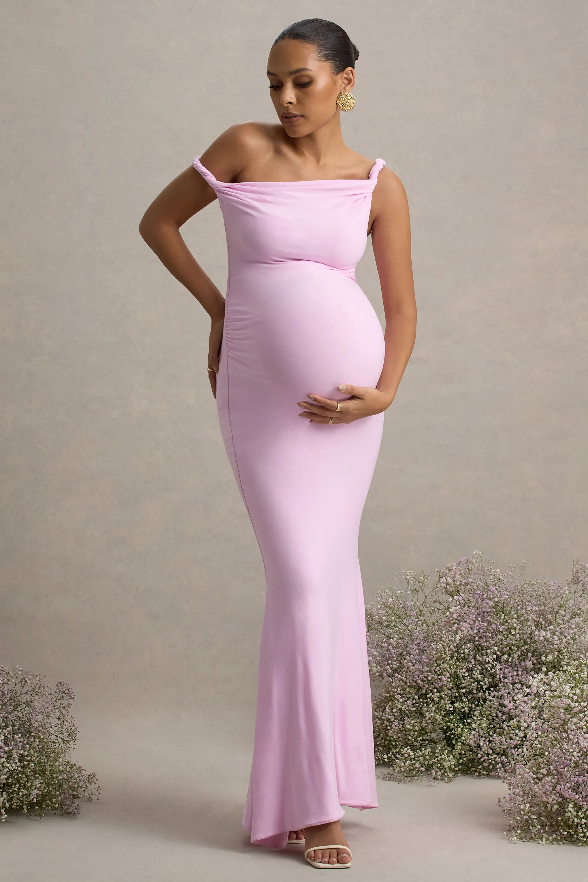 Lita | Pink Twisted Asymmetric Maternity Maxi Dress sold by Club L London