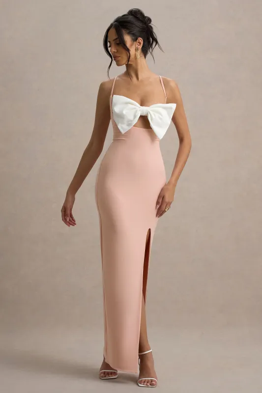Emmalou | Pink & White Strappy Split Maxi Dress With Bow sold by Club L London