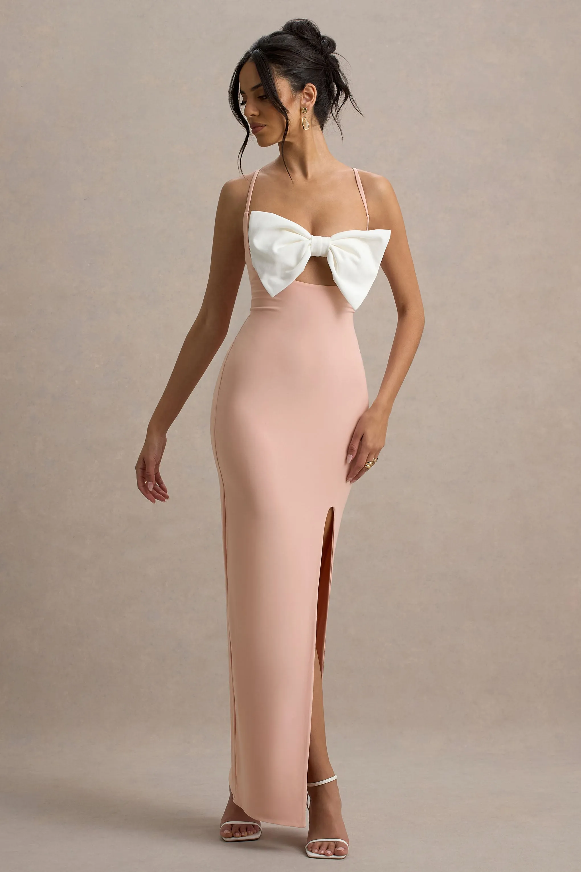 Emmalou | Pink & White Strappy Split Maxi Dress With Bow sold by Club L London