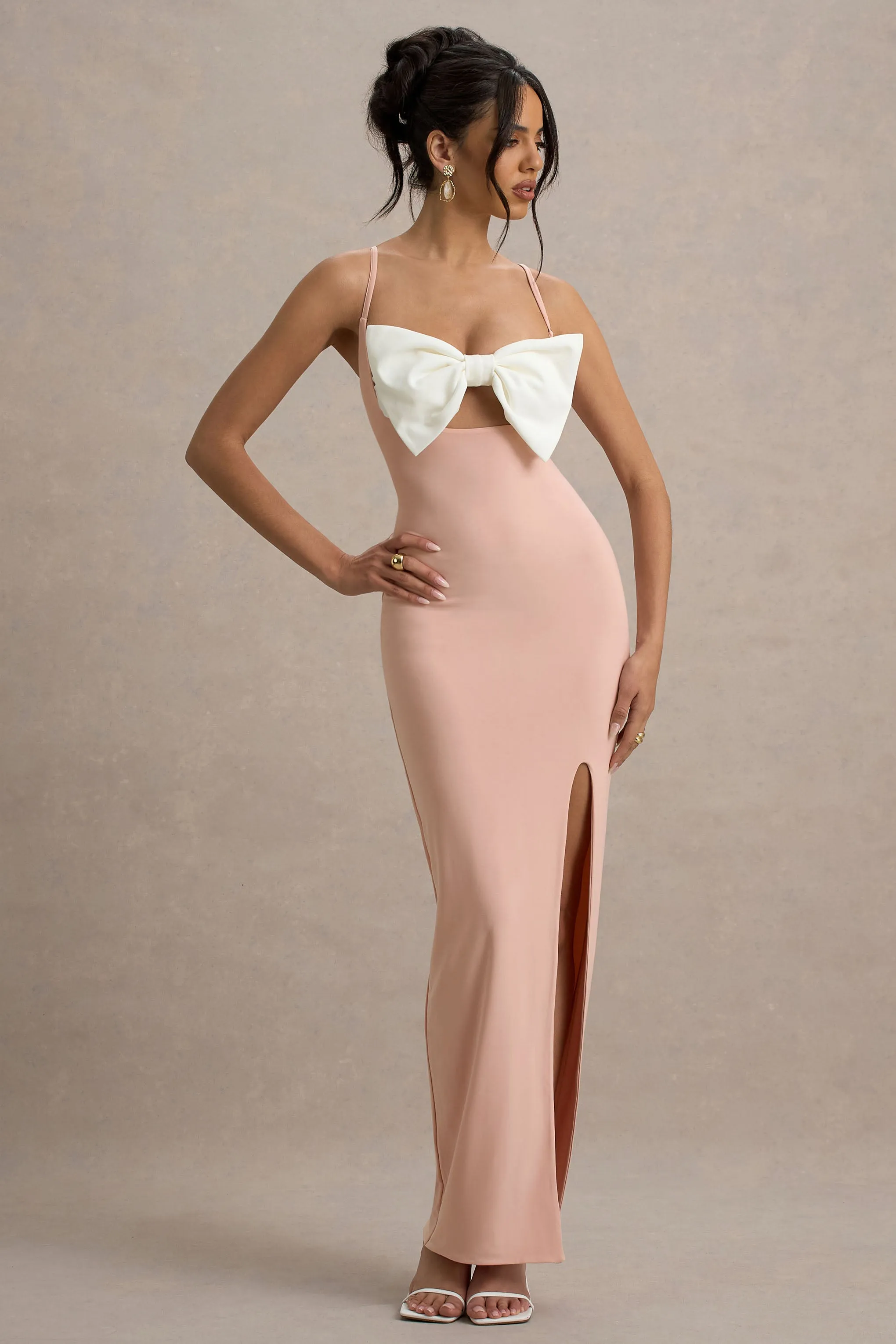 Emmalou | Pink & White Strappy Split Maxi Dress With Bow sold by Club L London product image thumbnail 5