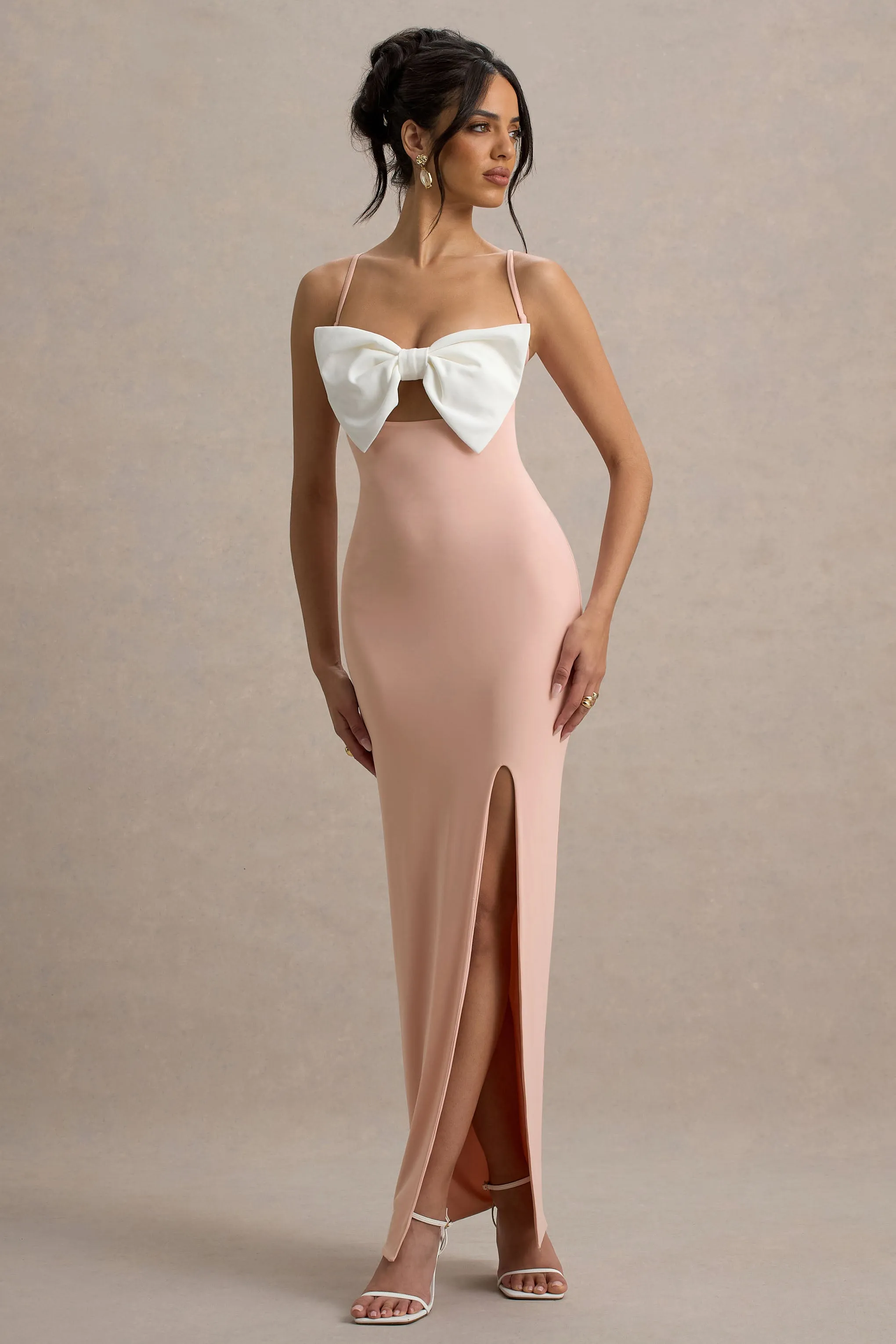 Emmalou | Pink & White Strappy Split Maxi Dress With Bow sold by Club L London product image thumbnail 4