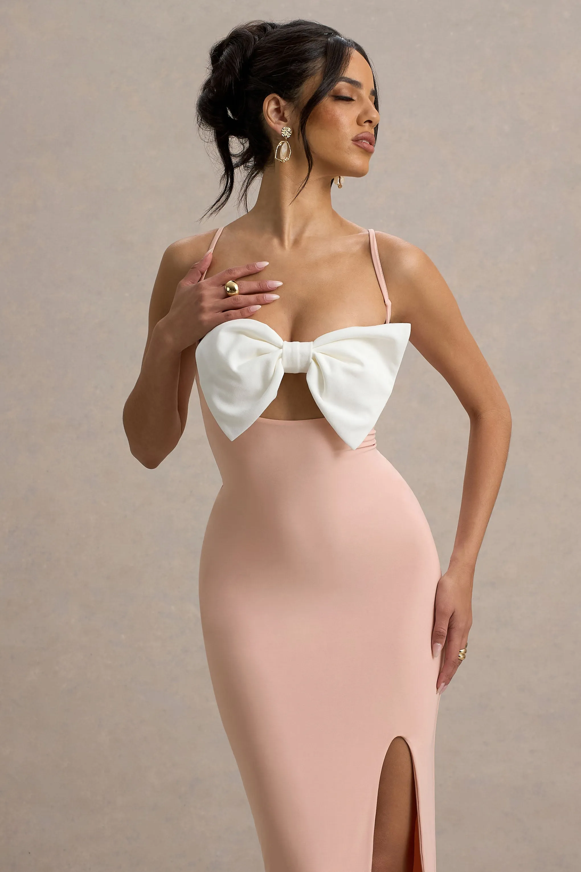 Emmalou | Pink & White Strappy Split Maxi Dress With Bow sold by Club L London product image thumbnail 3