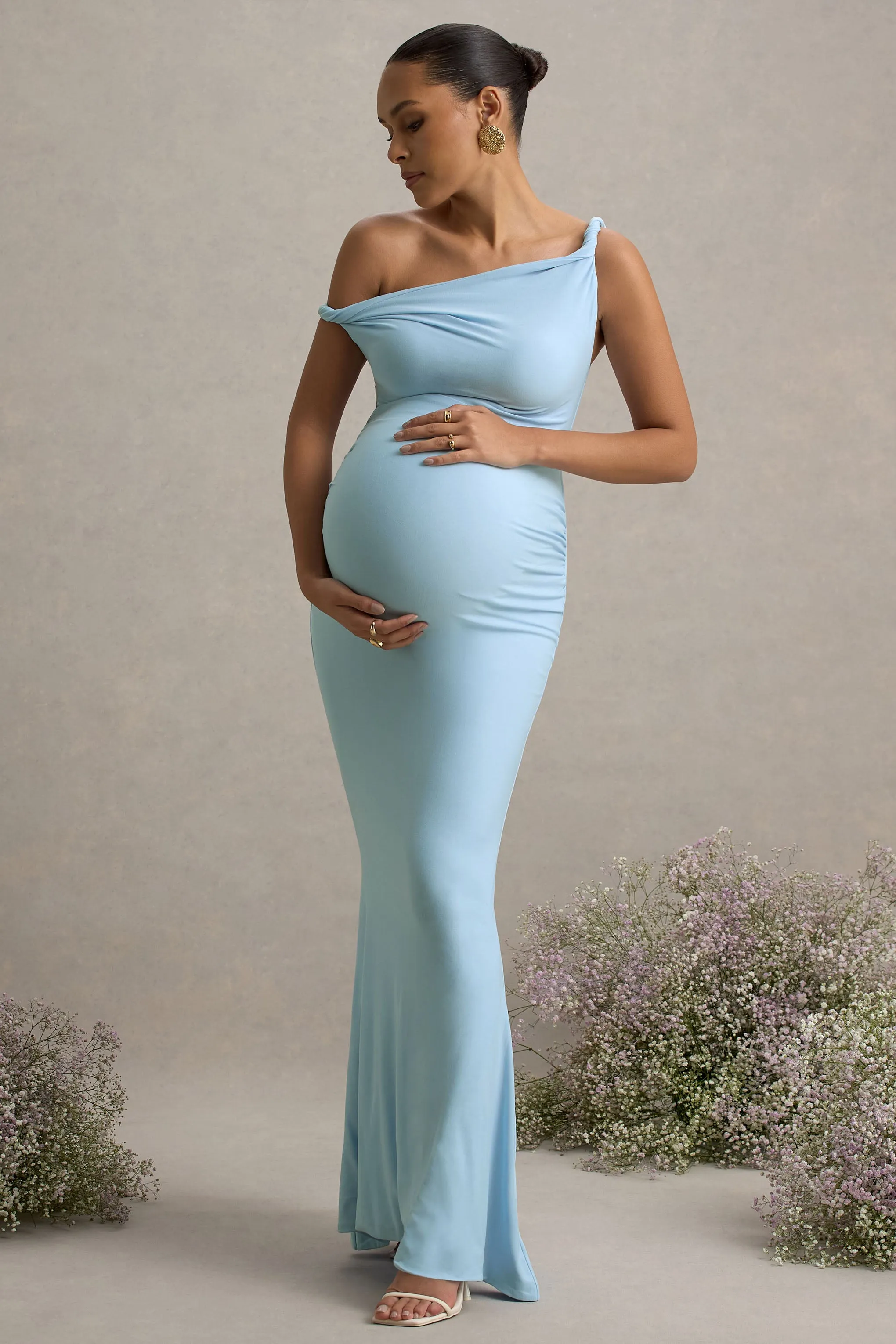 Lita | Powder Blue Twisted Asymmetric Maternity Maxi Dress sold by Club L London