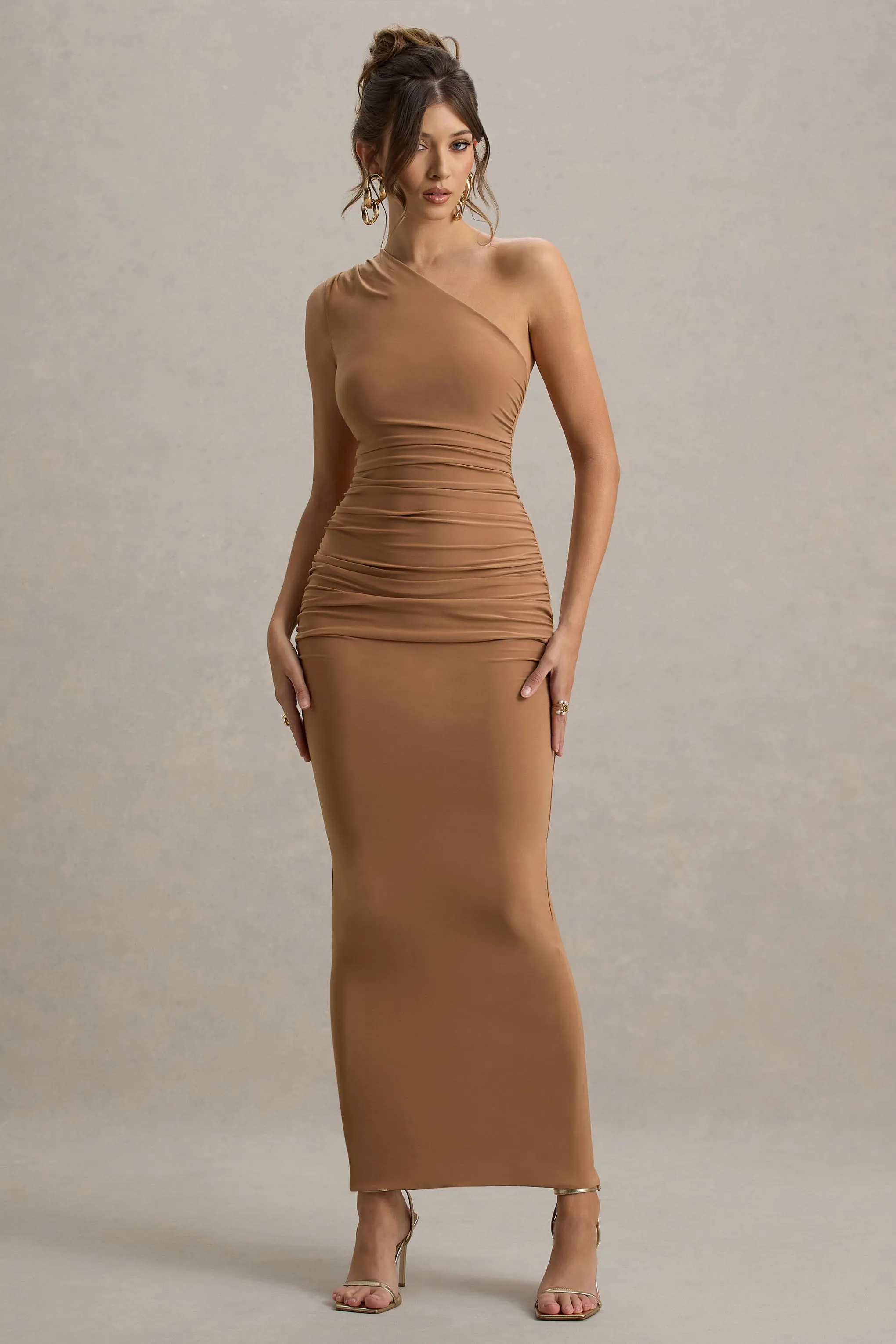 Dalarie | Brown One-Shoulder Gathered Maxi Dress sold by Club L London product image thumbnail 5