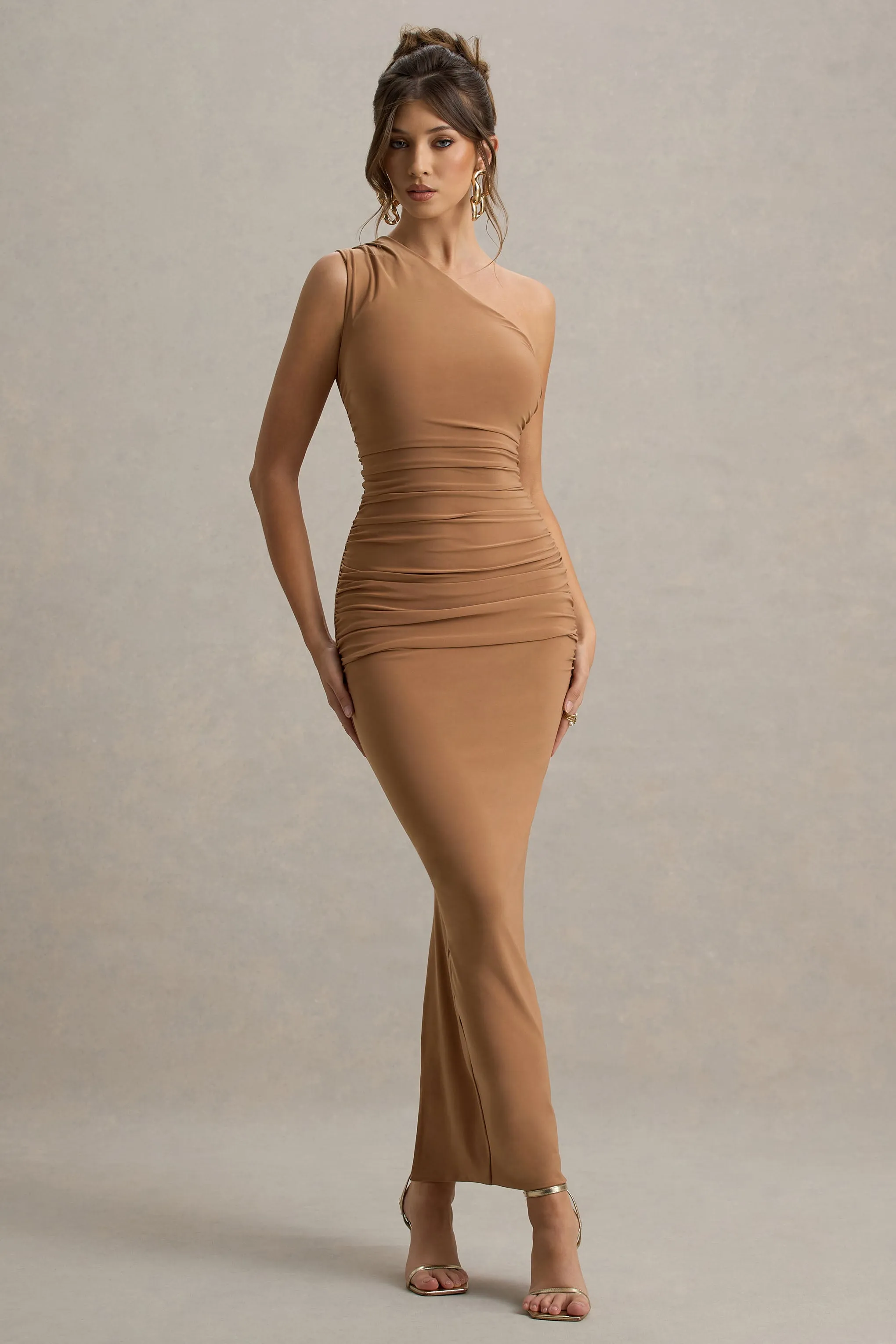 Dalarie | Brown One-Shoulder Gathered Maxi Dress sold by Club L London product image thumbnail 4