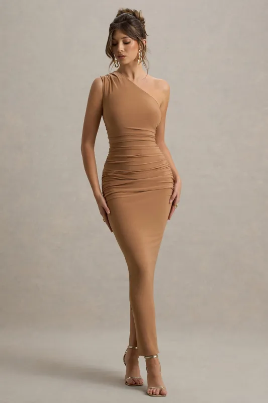 Dalarie | Brown One-Shoulder Gathered Maxi Dress sold by Club L London